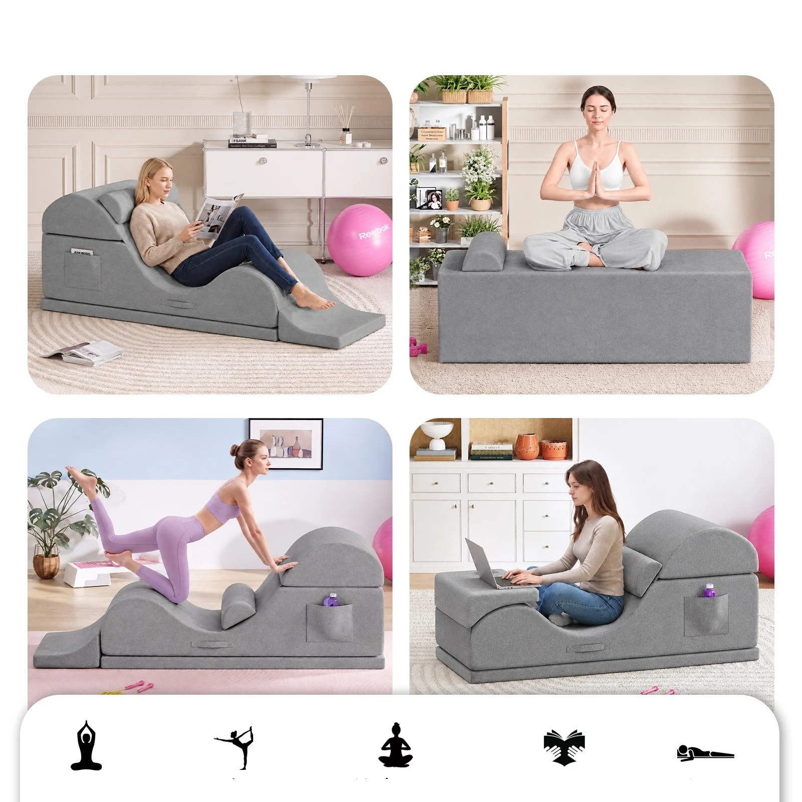 2 Advwin Convertible Yoga Chair Chaise Lounge with Suede Cover Detachable Mat - Grey, 2 of 7