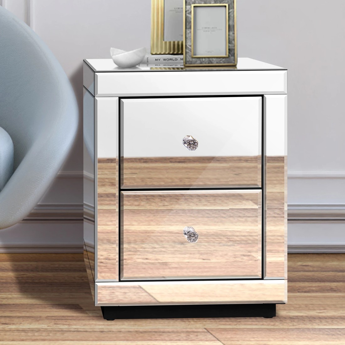 4 Alfordson Bedside Table Mirrored Cabinet Nightstand Side End Table Drawers - Silver, 4 of 10