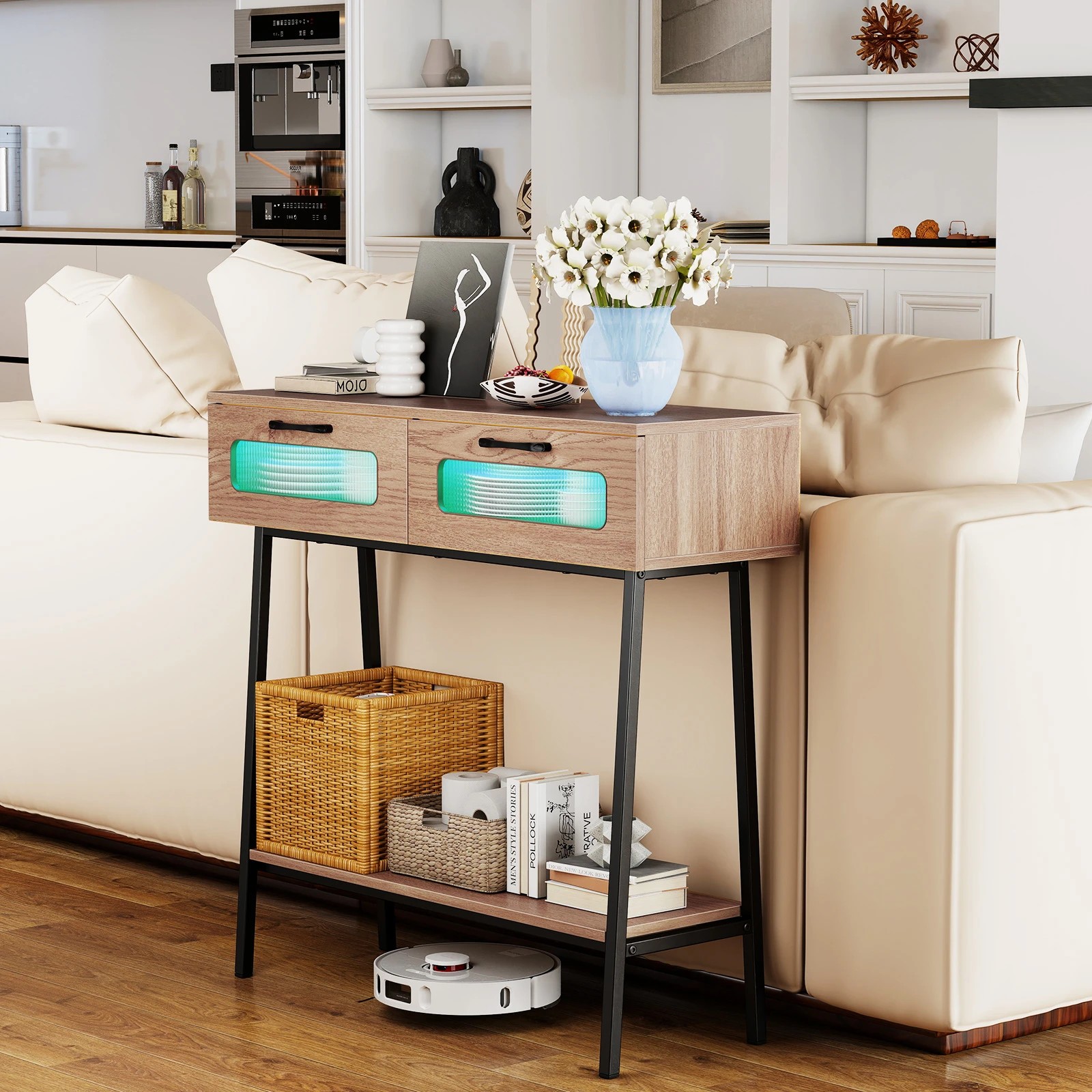 5 Costway Farmhouse Console Table w/LEDs 2-Tier Narrow Sofa Side Table, 5 of 7