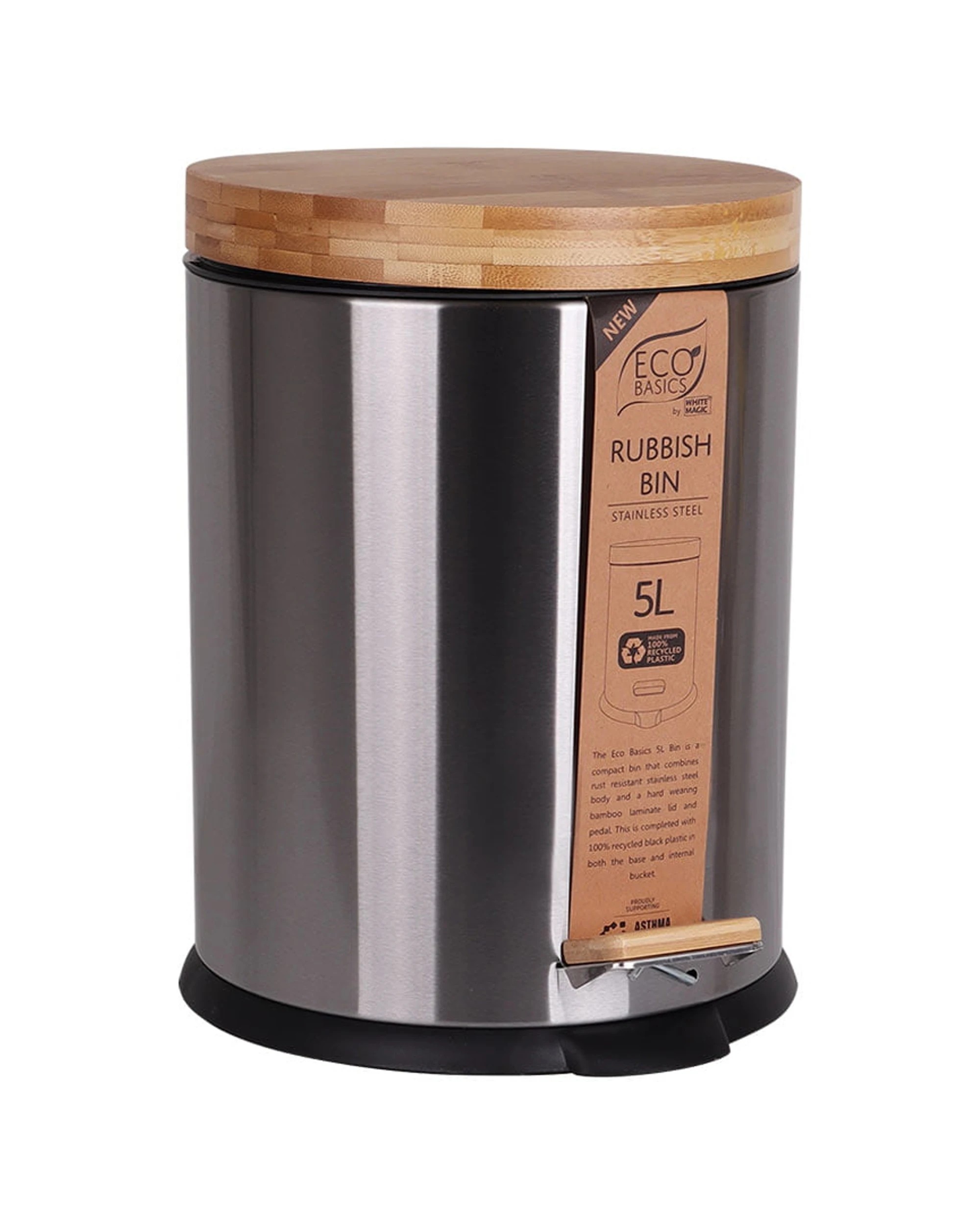 2 White Magic Eco Basics Rubbish Bin 5L Stainless Steel Soft-Close Pedal - Grey, 2 of 3