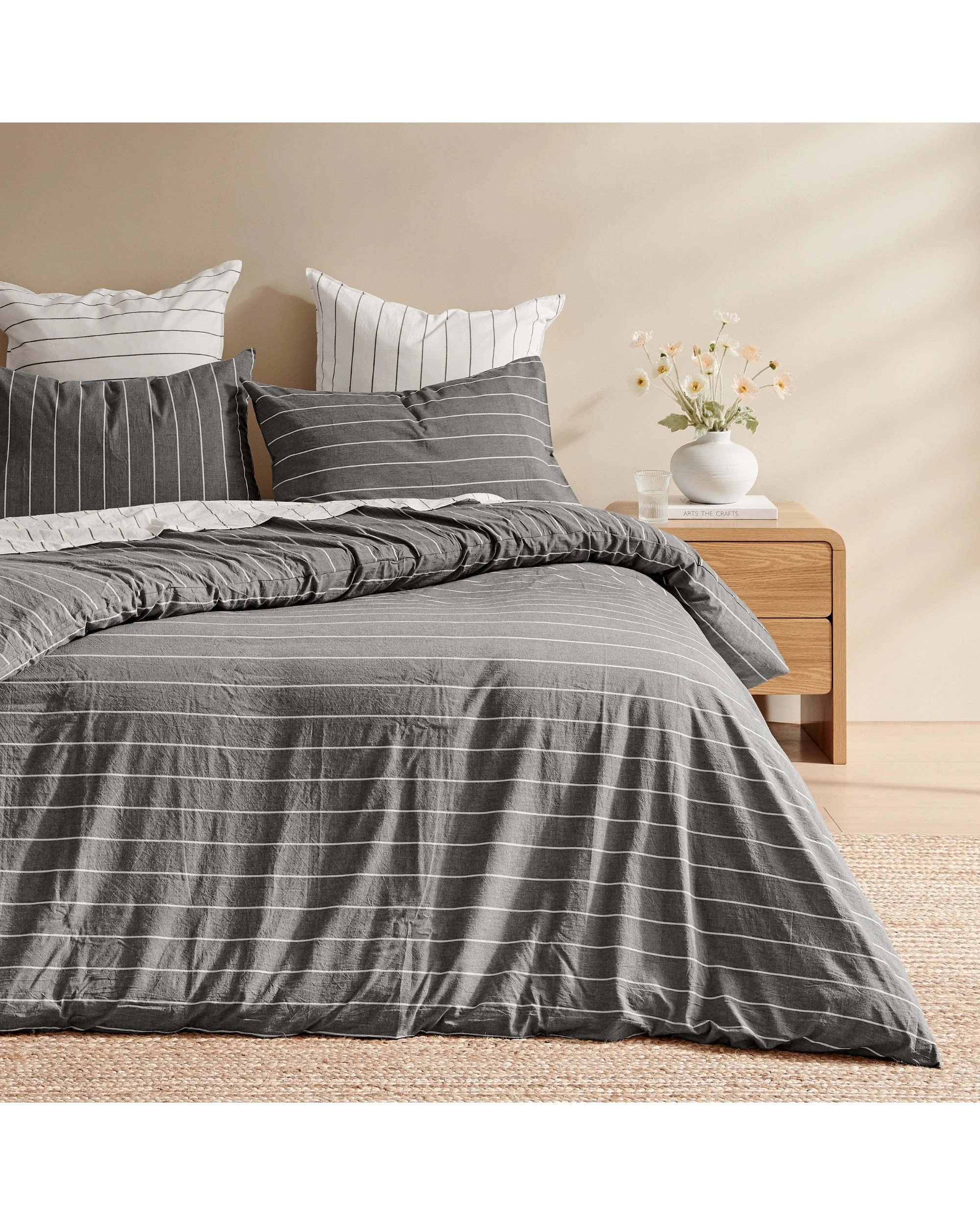 2 Dreamaker Rumi Stripe Washed Cotton Reversible Quilt Cover Set - King Single Bed - Graphite with White, 2 of 6