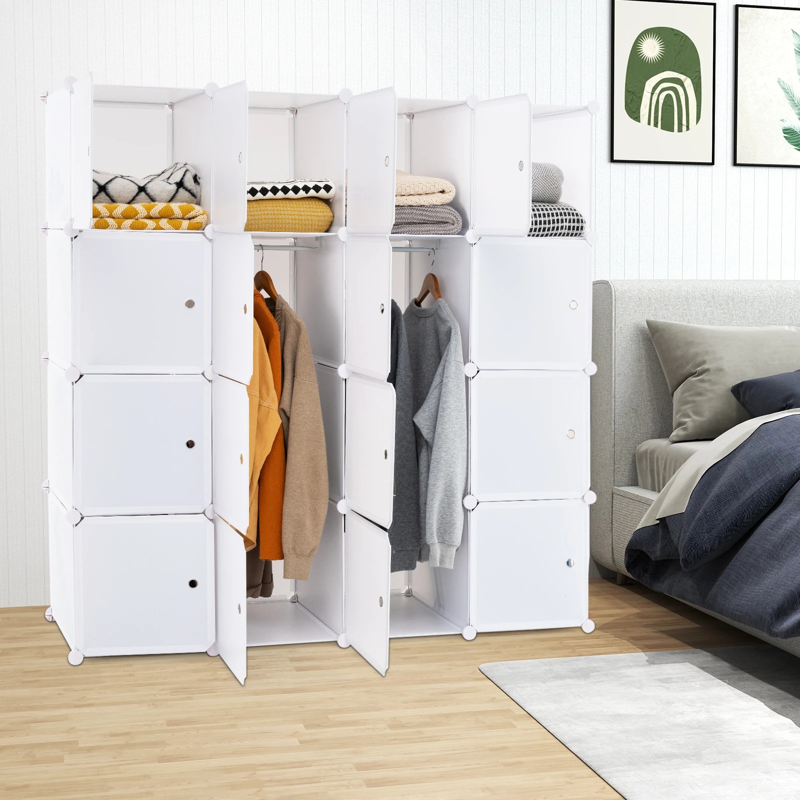 3 Costway 16-Cube DIY Wardrobe Portable Closet w/2 Hanging Rods Clothes Storage Cabinet Organizer - White, 3 of 3