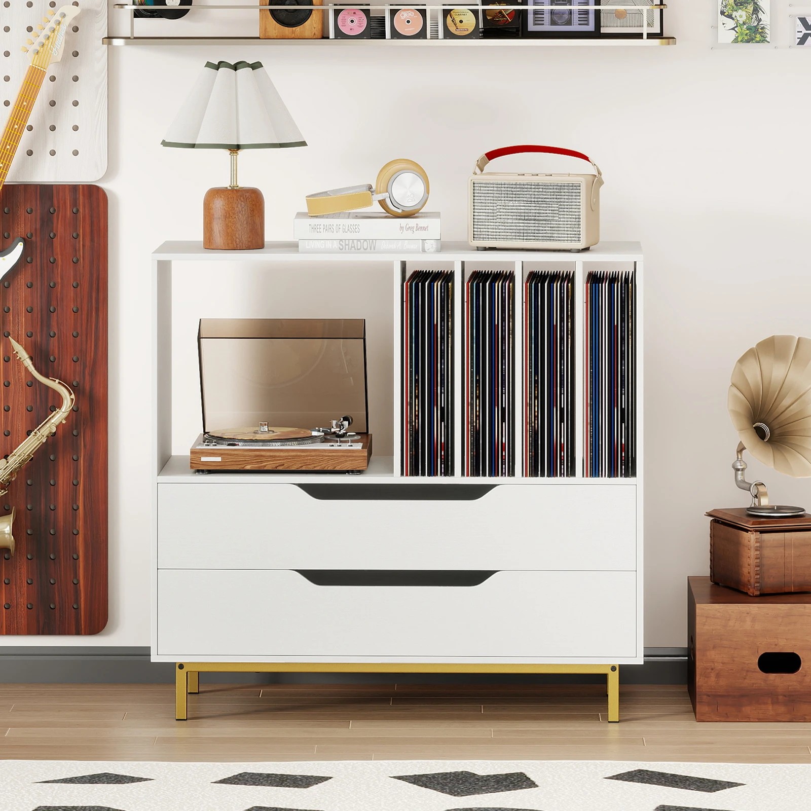 6 Costway Retro Record Player Stand 4 Vinyl Storage Racks w/2 Drawers - White, 6 of 7