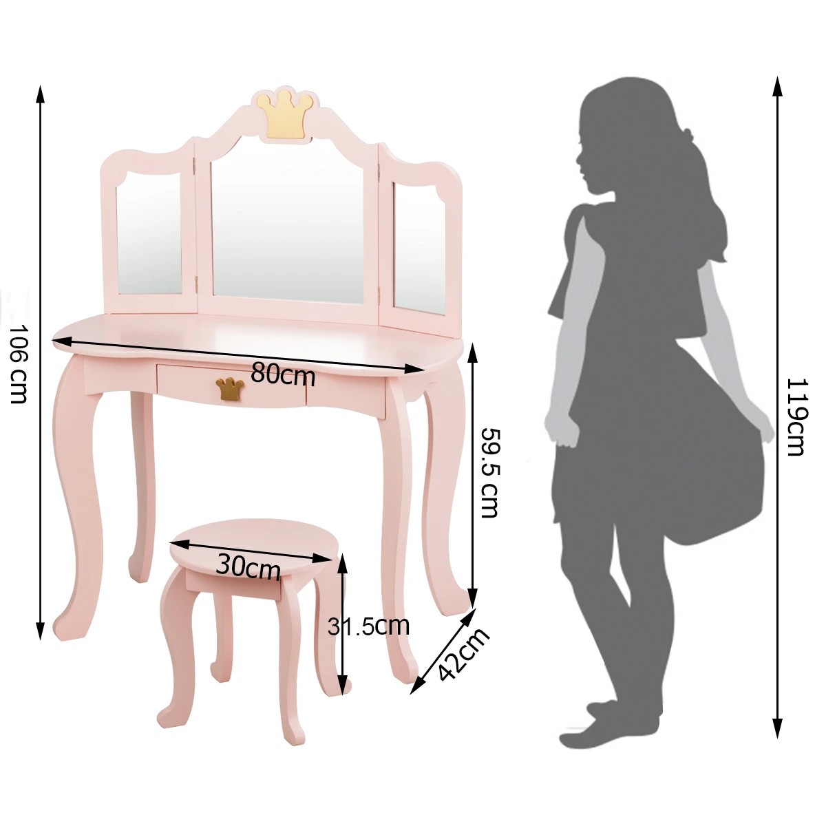 2 Costway Dressing Table Stool Mirror Set Princess Vanity Makeup Table Dresser - Pink, 2 of 3