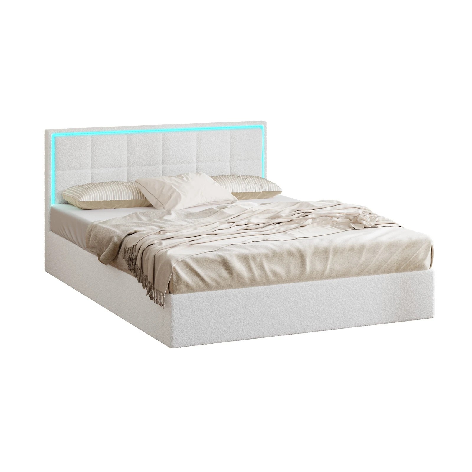 1 Oikiture Bed Frame Queen Size RGB LED Gas Lift Storage Base Boucle - White, 1 of 9