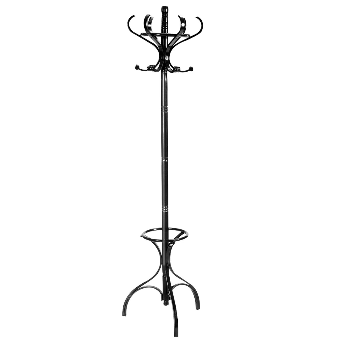 1 Costway 181CM Wood Coat Rack Hat Clothes Hanger w/Umbrellar Holder & 12 Hooks - Black, 1 of 3