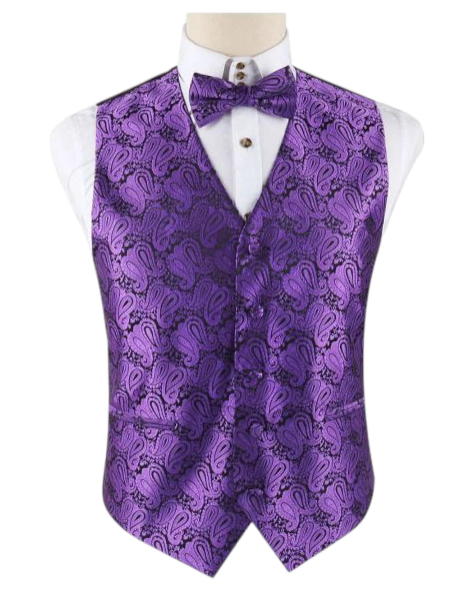 1 Zasel Mens Boho Paisley Patterned Vest Waistcoat & Matching Bow Tie Purple, 1 of 1