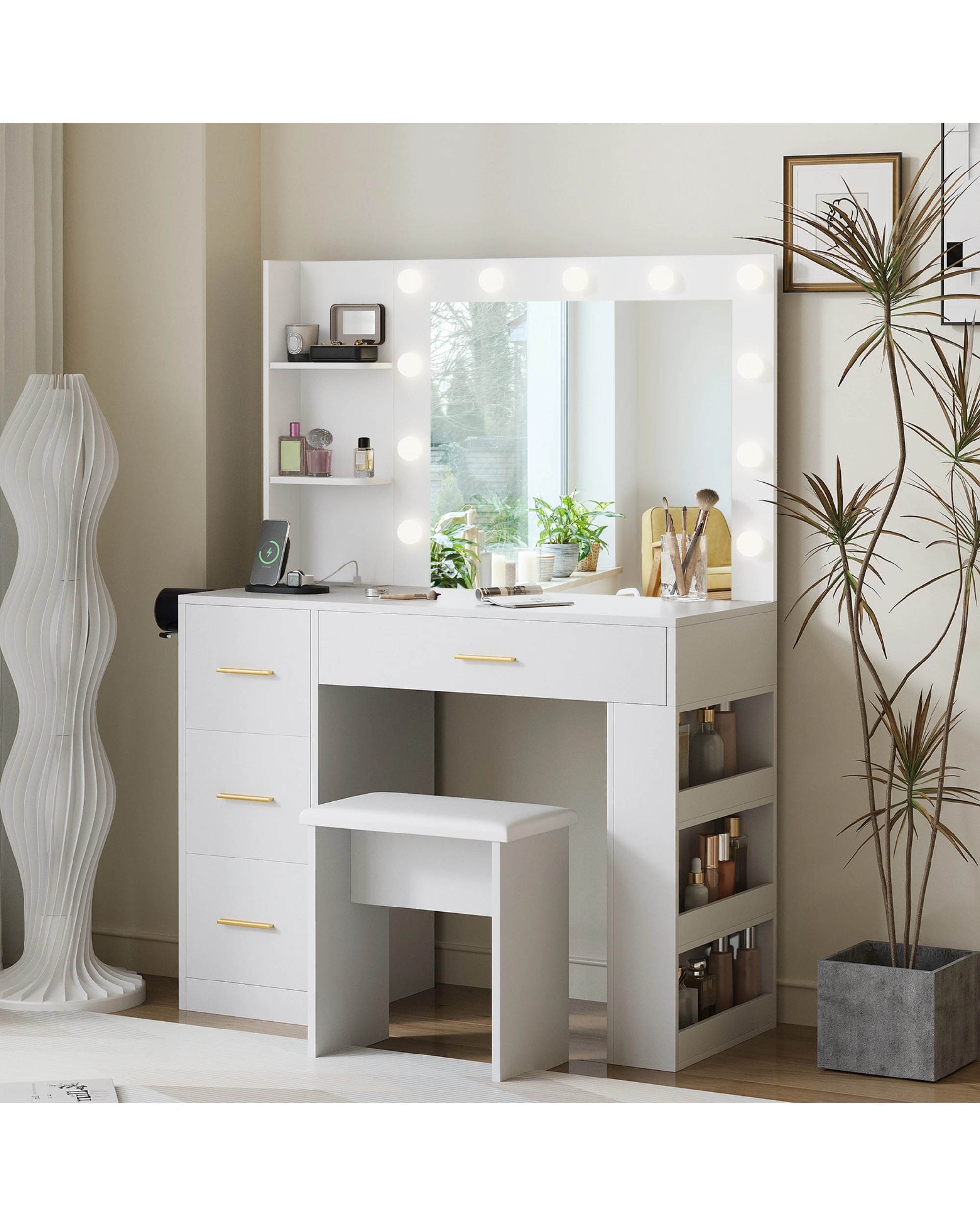 2 Advwin Dressing Table Vanity Desk with Mirror and 11 Bulbs Lights Charging Station - White, 2 of 10
