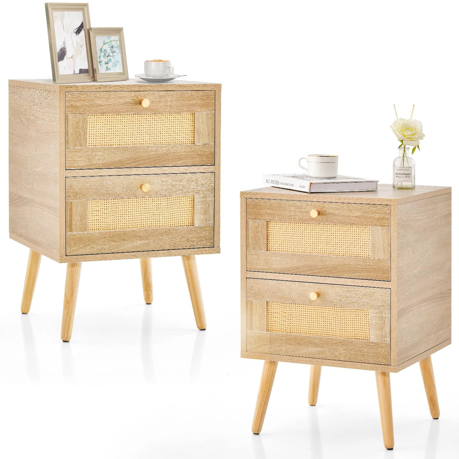 4 Costway Rattan Nightstand Set of 2 Boho Bedside Table w/Storage Drawers, 4 of 4