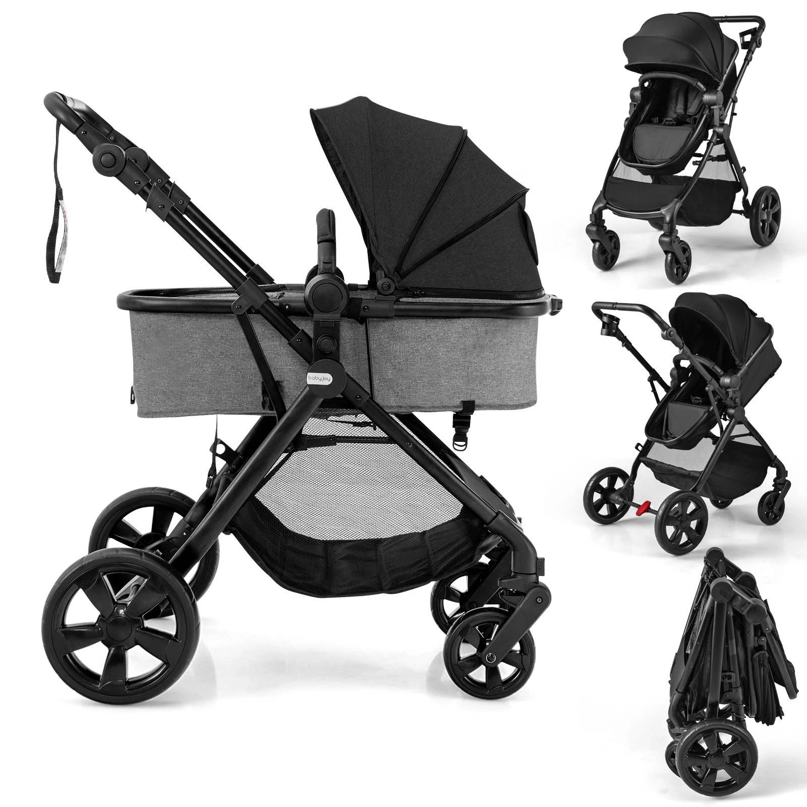 1 Costway Convertible Pram Folding Stroller - Black, 1 of 6