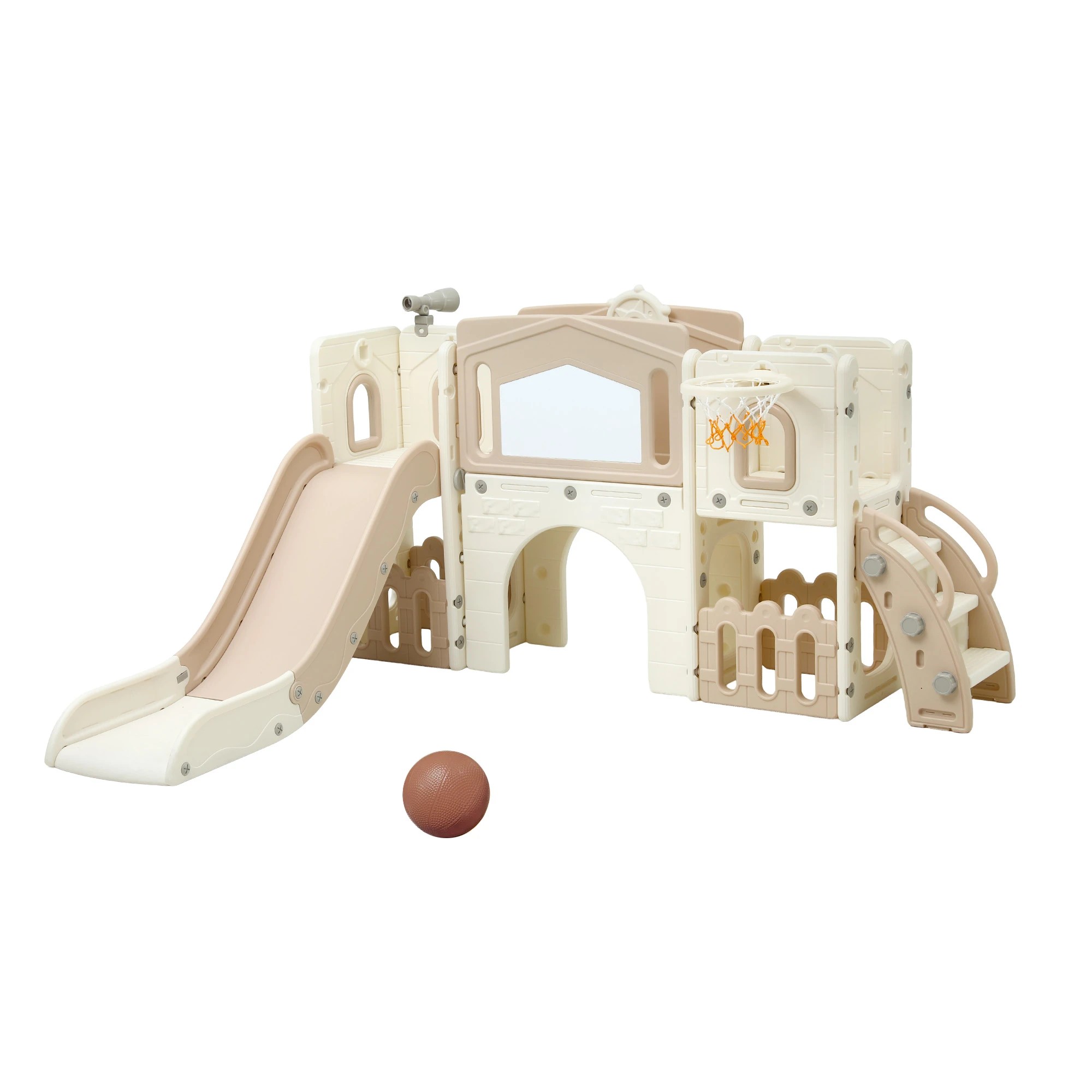 1 Keezi Kids Slide Set Indoor Toddler Playset With Basketball Hoop And Drawing Board - Beige, 1 of 9