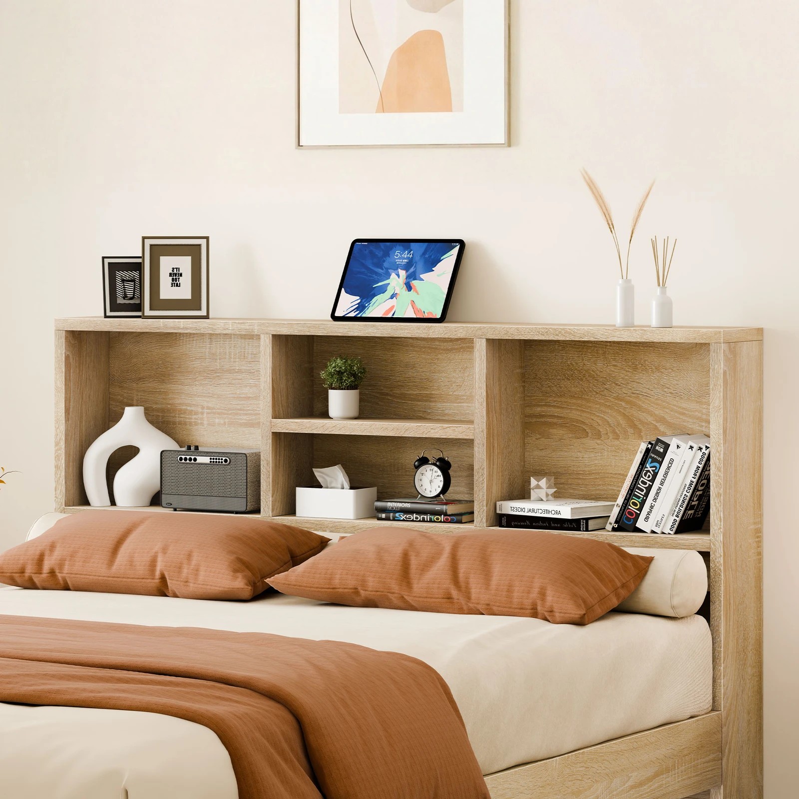 4 Alfordson Wooden Bed Frame Double Size Base with Bookshelf Storage Headboard - Oak, 4 of 10