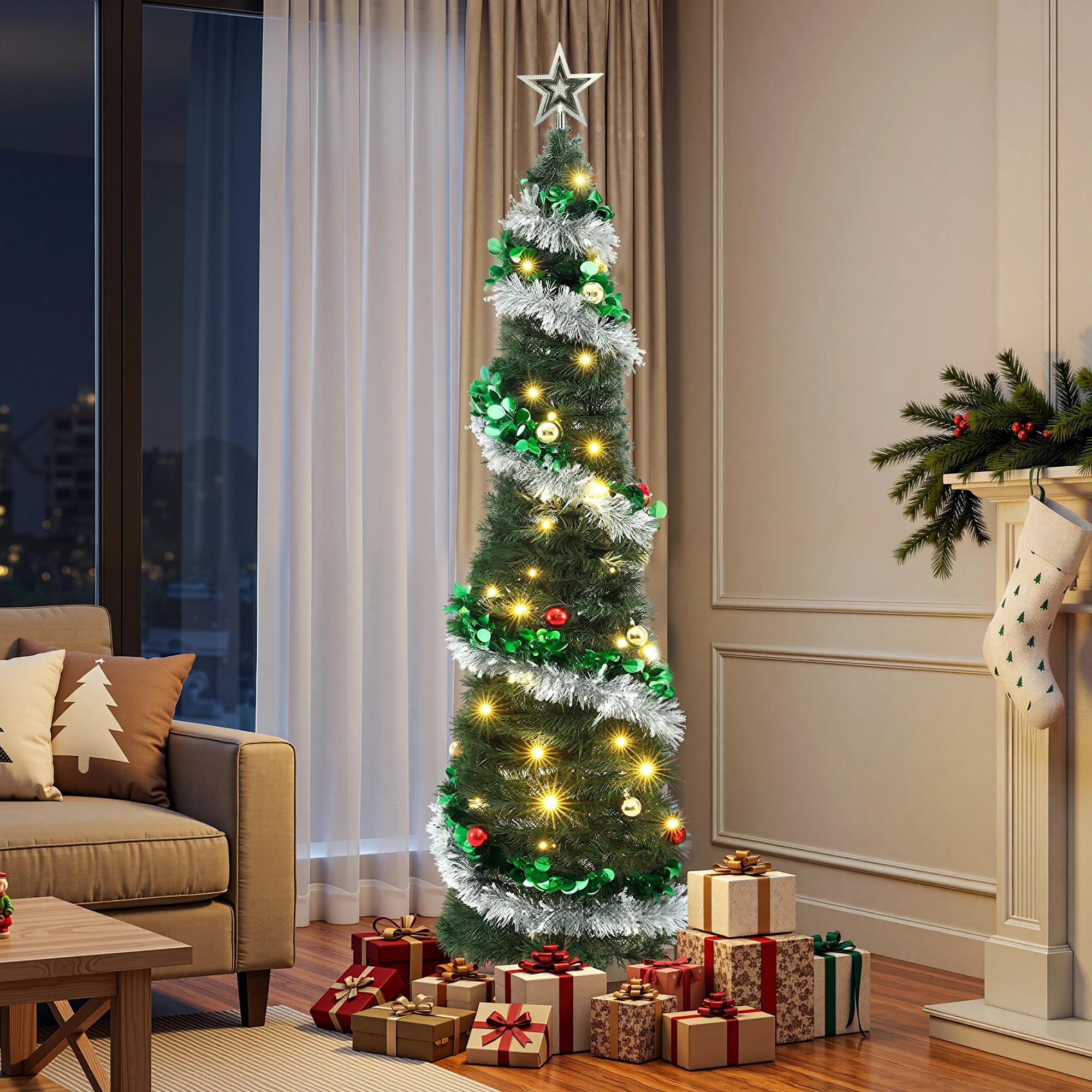 2 Jingle Jollys Pop Up Christmas Tree Pre Decorated Warm LED 155cm - Multi, 2 of 10