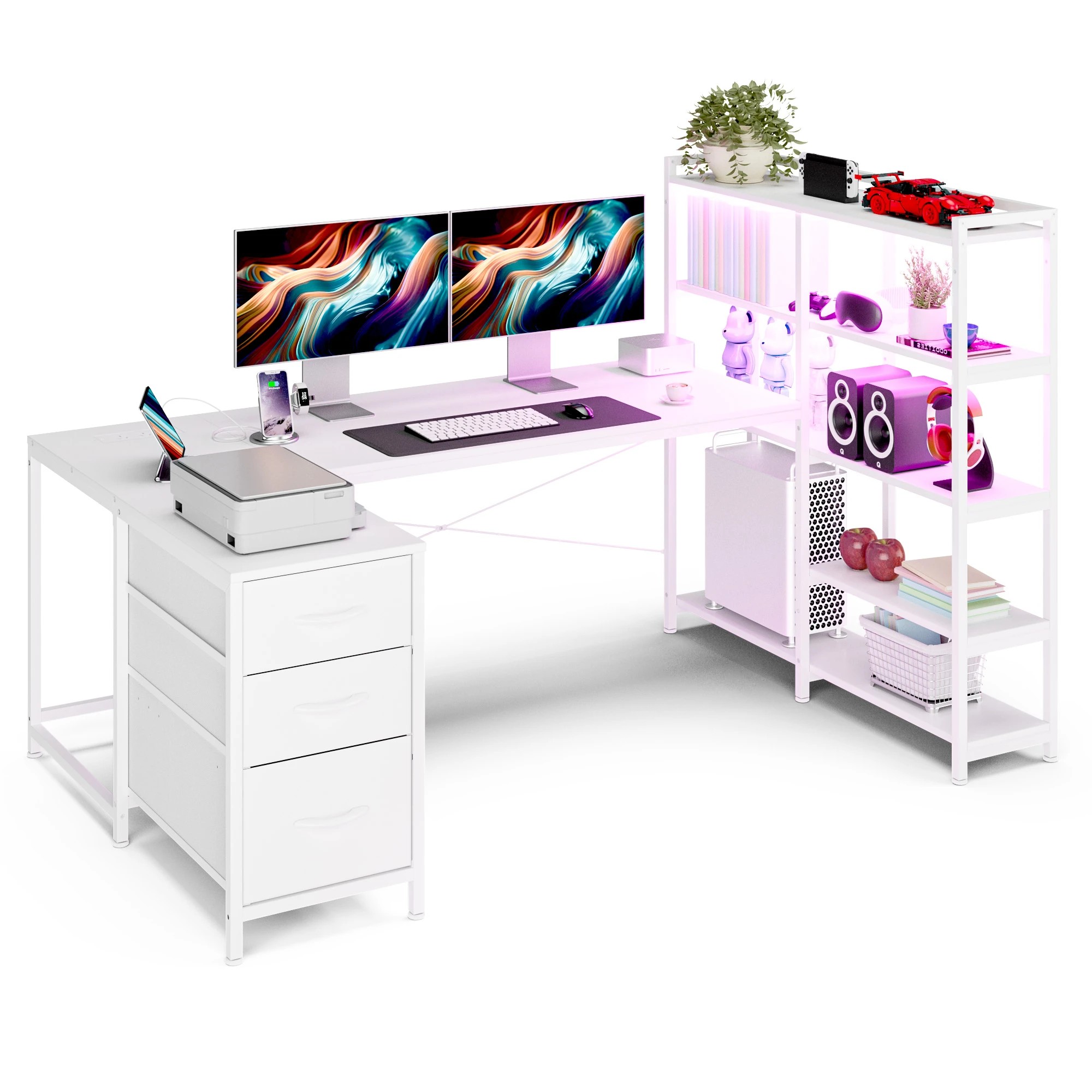 3 Advwin U Shaped Gaming Desk With Led Lights & Power Outlets Reversible 164cm Computer Desk With Bookshelf, 3 of 9