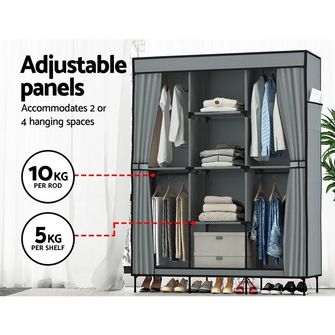 6 Artiss Portable Clothes Closet Large Wardrobe with Shelf Hanging Storage Dustproof Space Saving Easy Assembly
 - grey, 6 of 8