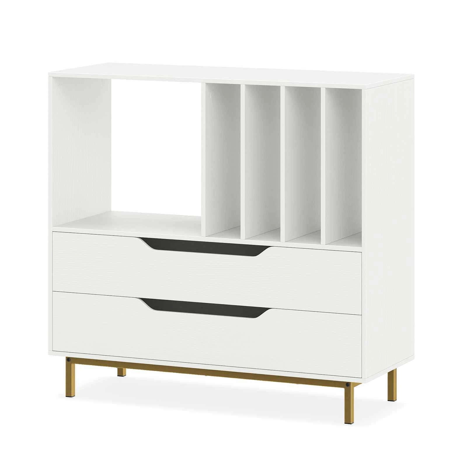 1 Costway Retro Record Player Stand 4 Vinyl Storage Racks w/2 Drawers - White, 1 of 7