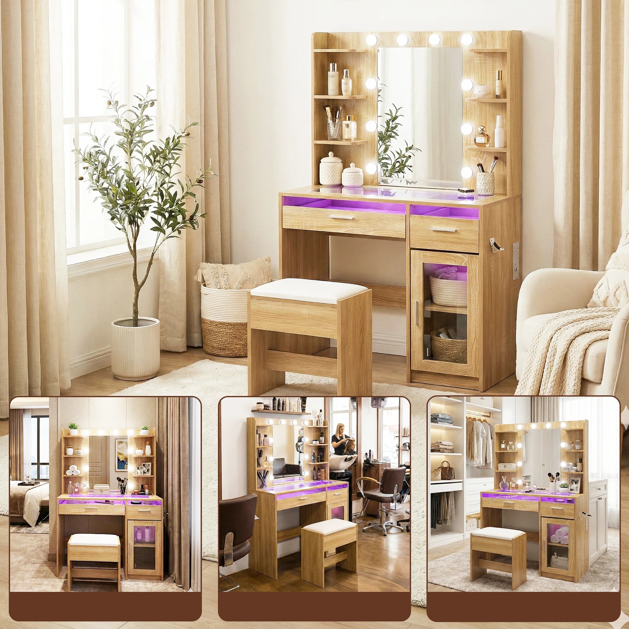 8 Artiss Dressing Table Vanity Desk Set 10 LED Bulbs RGB Light - Natural, 8 of 9