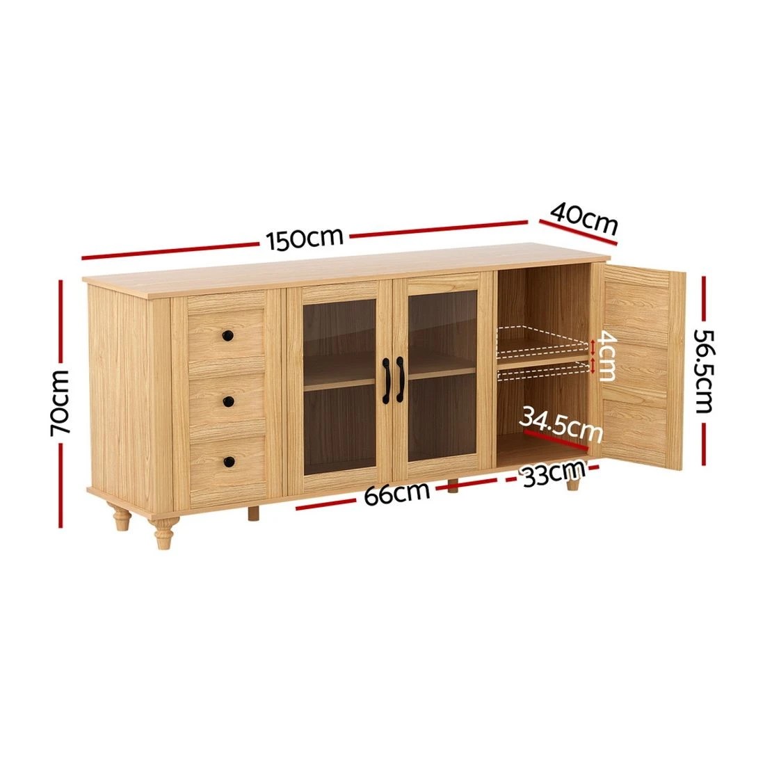 3 Artiss Buffet Sideboard Storage Cabinet Kitchen Cupboard Faux Drawer 150CM Pine - Pine, 3 of 7