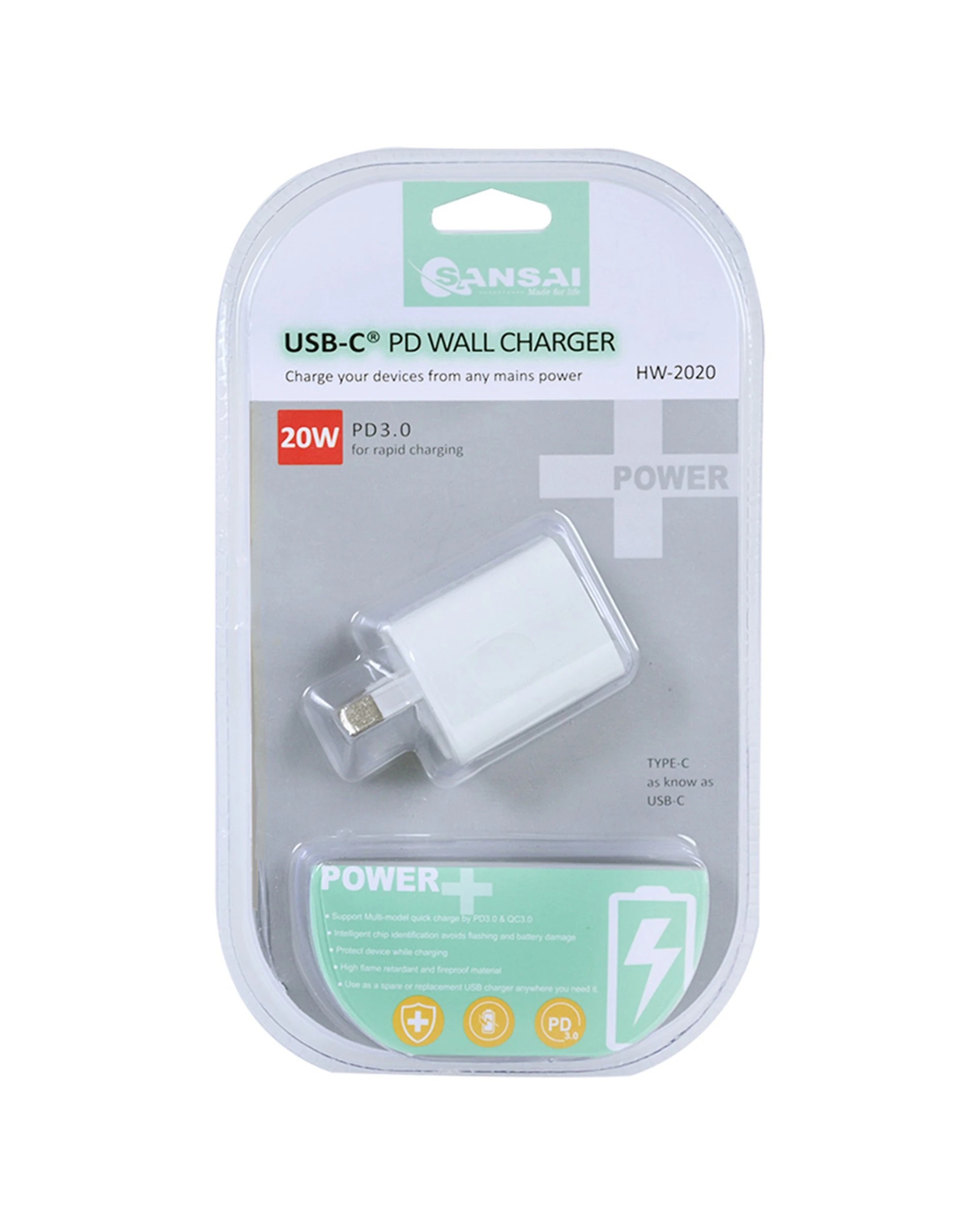 1 Sansai USB-C PD Wall Charger Power Point Adaptor Fast Charging Compatible 20W - White, 1 of 2