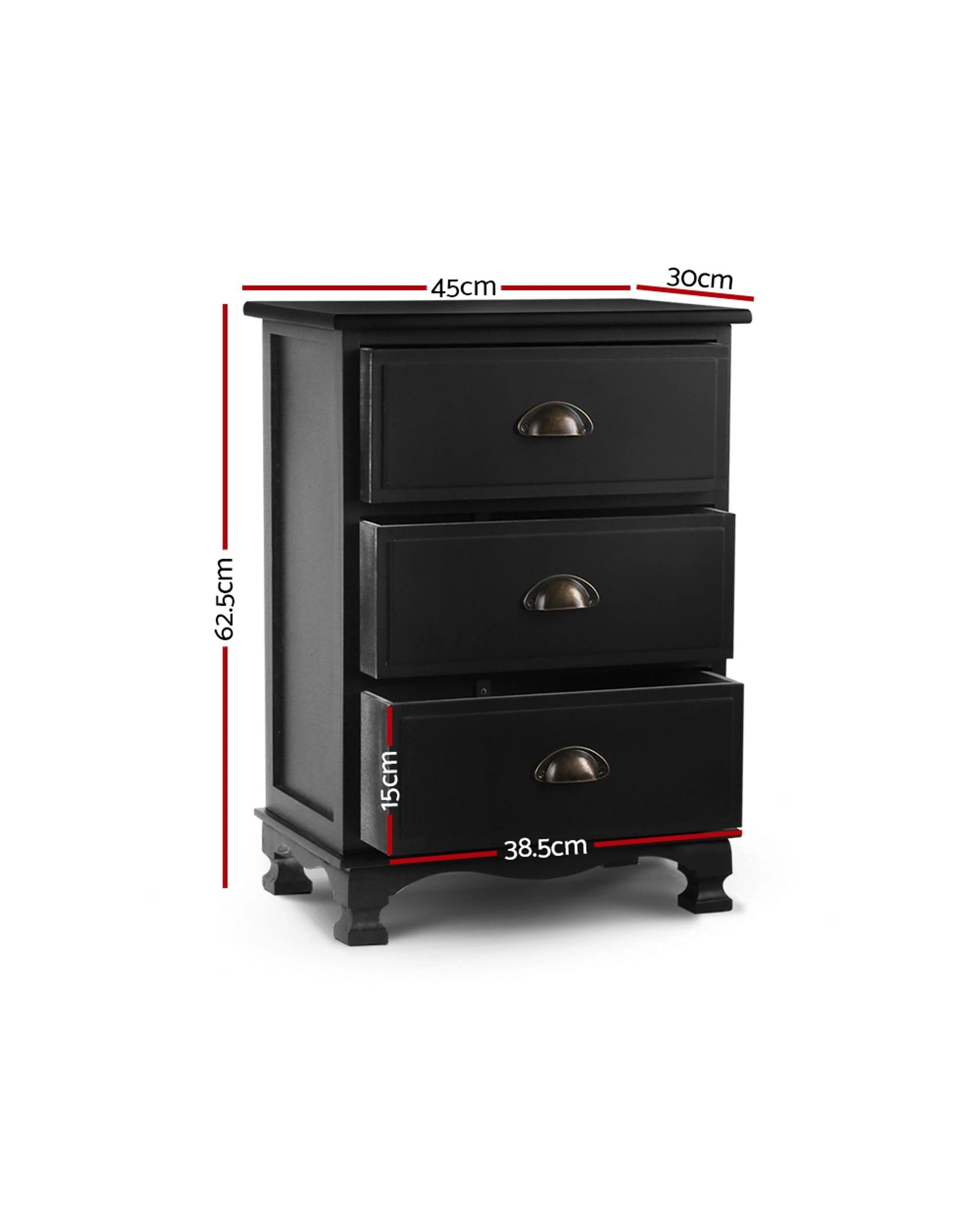 2 Artiss Bedside Table 3 Drawers Vintage
 - Black, 2 of 3