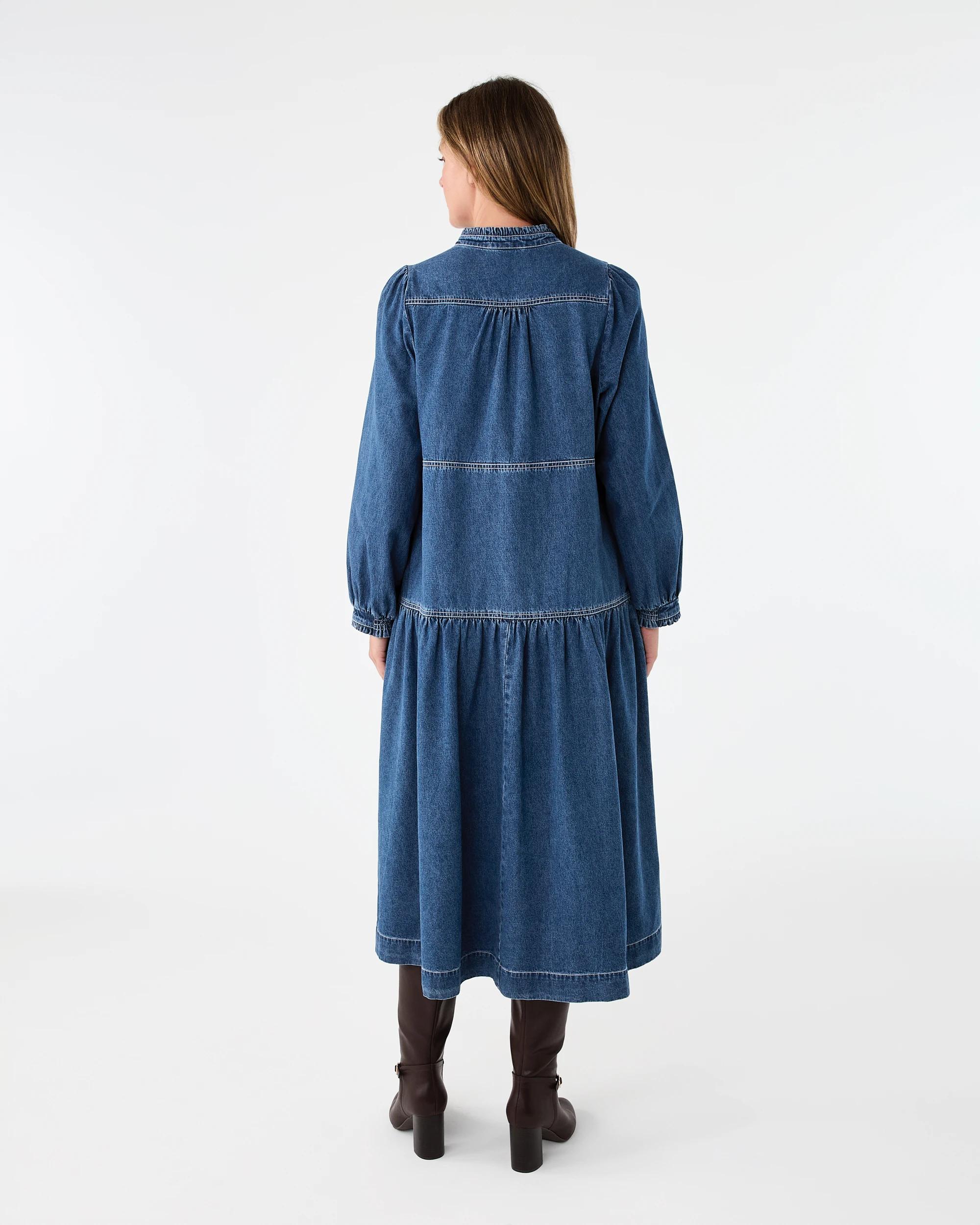 3 Long Sleeve Denim Notch Neck Maxi Dress Mid Wash, 3 of 7