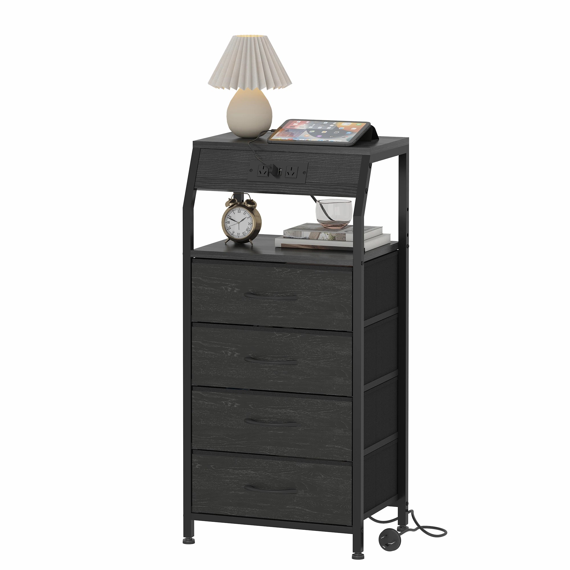 1 Advwin Bedside Table with Charging Station 4 Fabric Drawers Nightstand - Black, 1 of 9