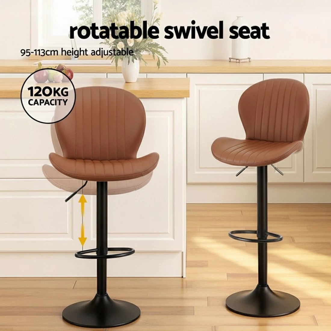 4 Artiss 4x Bar Stools Kitchen Swivel Gas Lift Counter Chair Shell Leather - Brown, 4 of 7