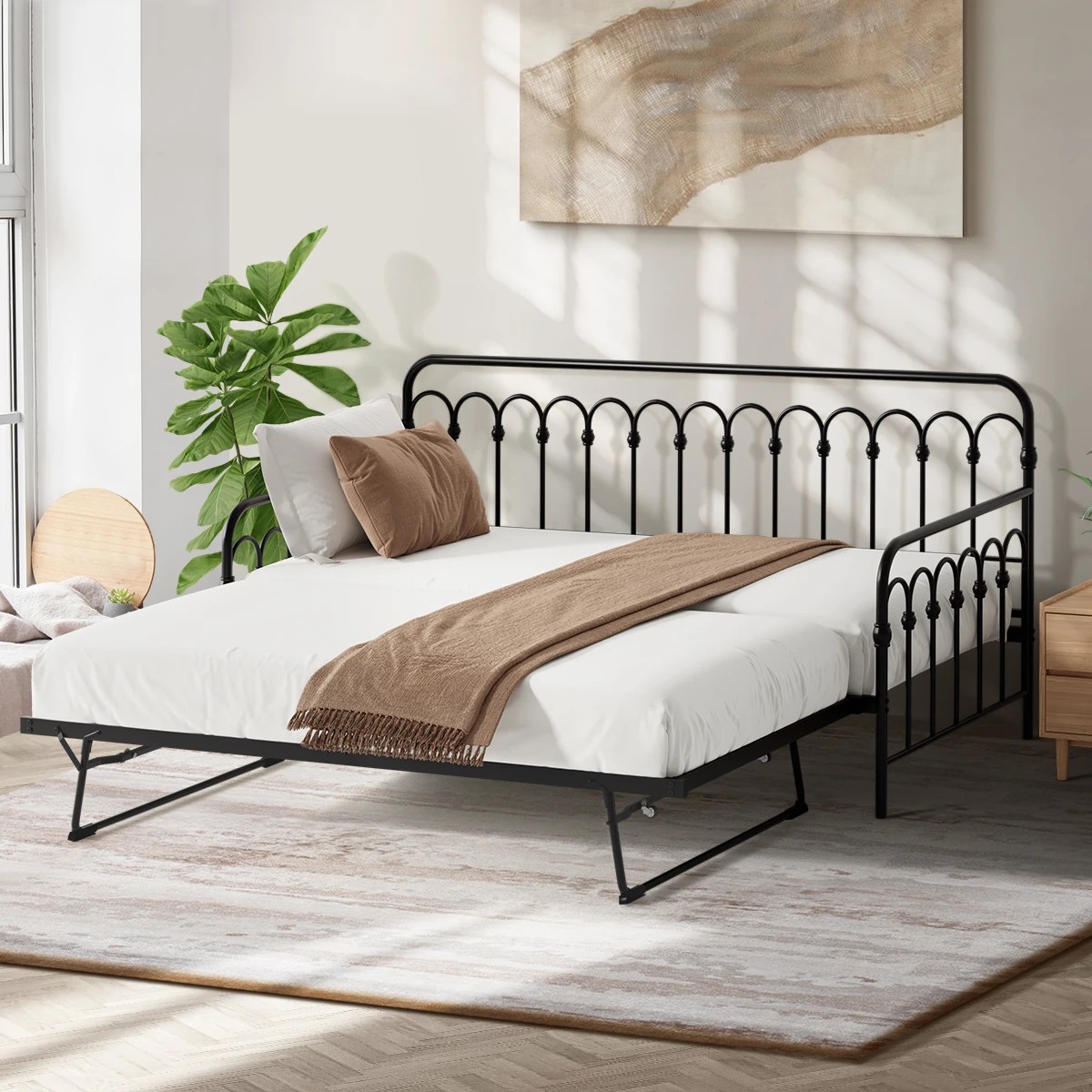 3 Oikiture Trundle Bed Frame Daybed Single Size Base Metal Single Beds X2
 - Black, 3 of 9