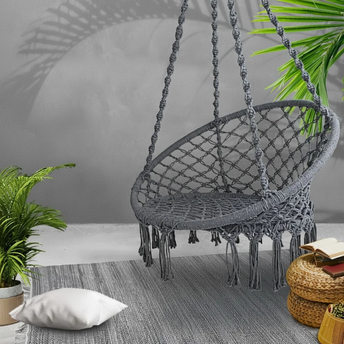 7 Gardeon Hammock Chair Outdoor Hanging Macrame Cotton Indoor - Grey, 7 of 9