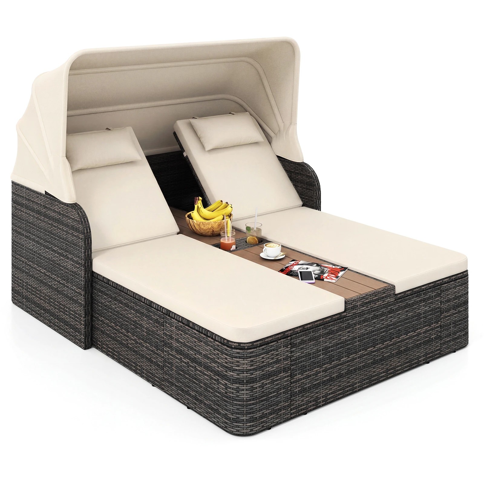 5 Costway Rattan Double Daybed w/Retractable Sunshade Outdoor Chaise Lounge Loveseat, 5 of 5
