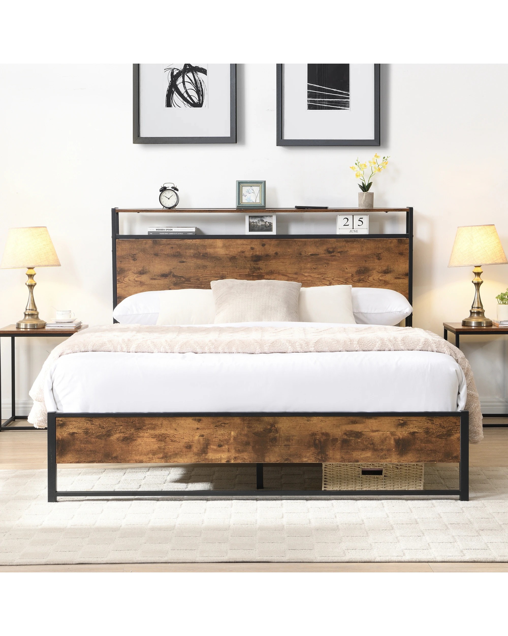 3 IHOMDEC BED01 Double  Metal & Wood Bed Frame Rustic Dark Brown - Brown, 3 of 10