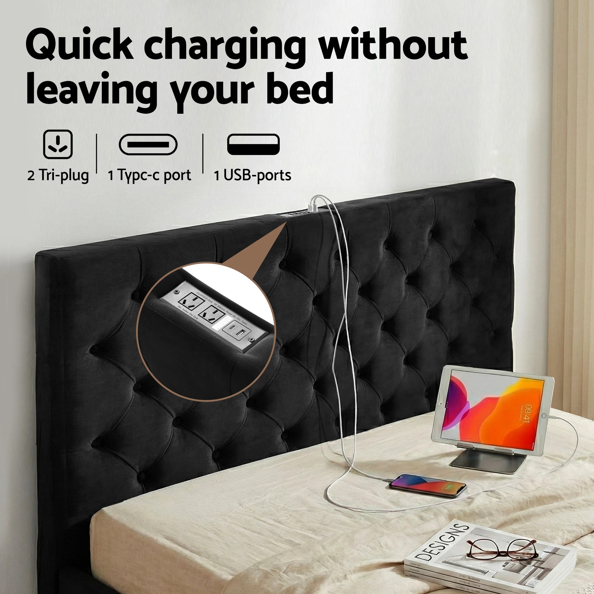 2 Artiss Double Bed Frame Storage Charging Station Upholste 3 Drawers USB - Black, 2 of 6