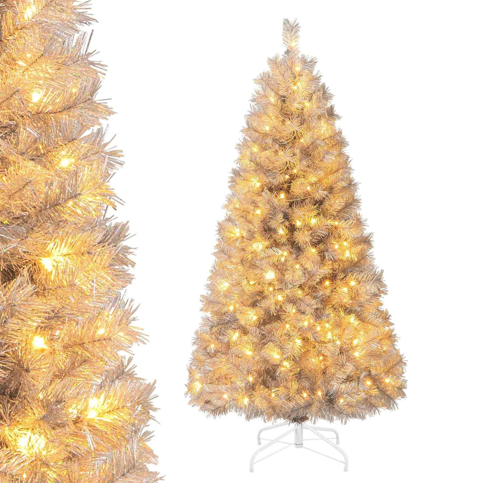 3 Costway 150cm Christmas Tree Silver Tinsel Leaves Hinged Decoration Tree 170 LEDs, 3 of 3