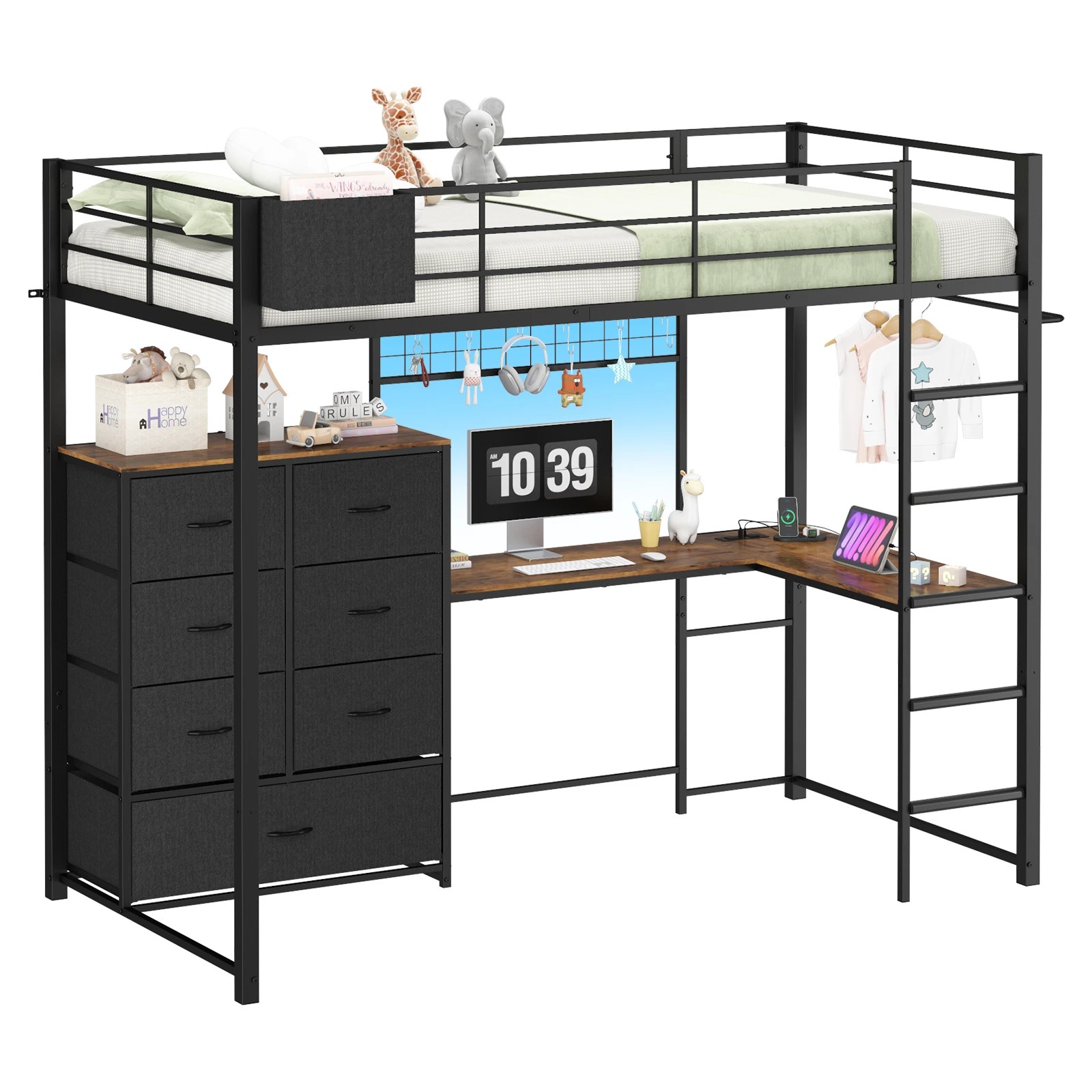 Advwin Loft Bed Frame with L-Shaped Desk and 7 Storage Drawers Single ...