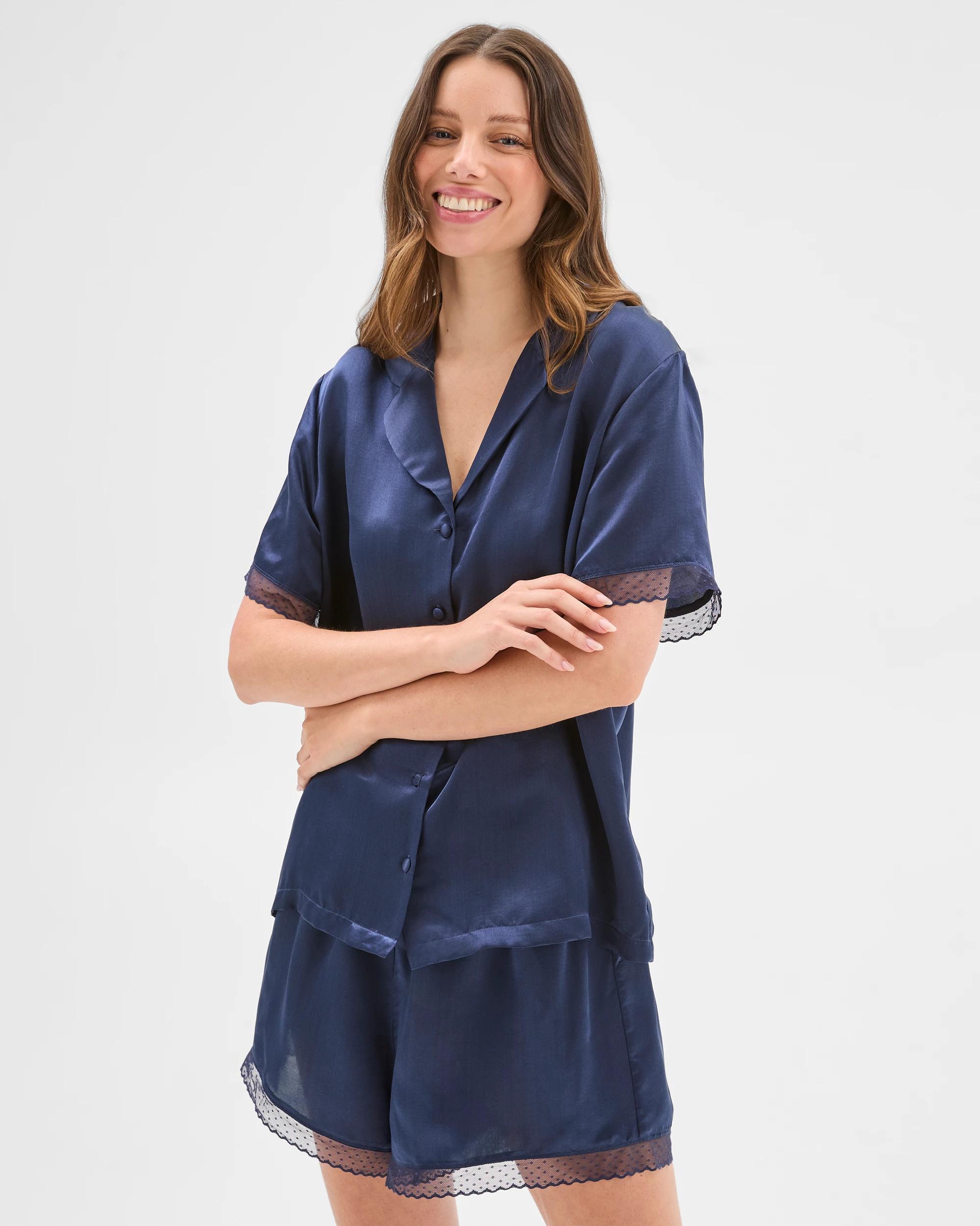 3 Target Woman Silk Blend Lace Trim Pyjama Set NAVY, 3 of 7