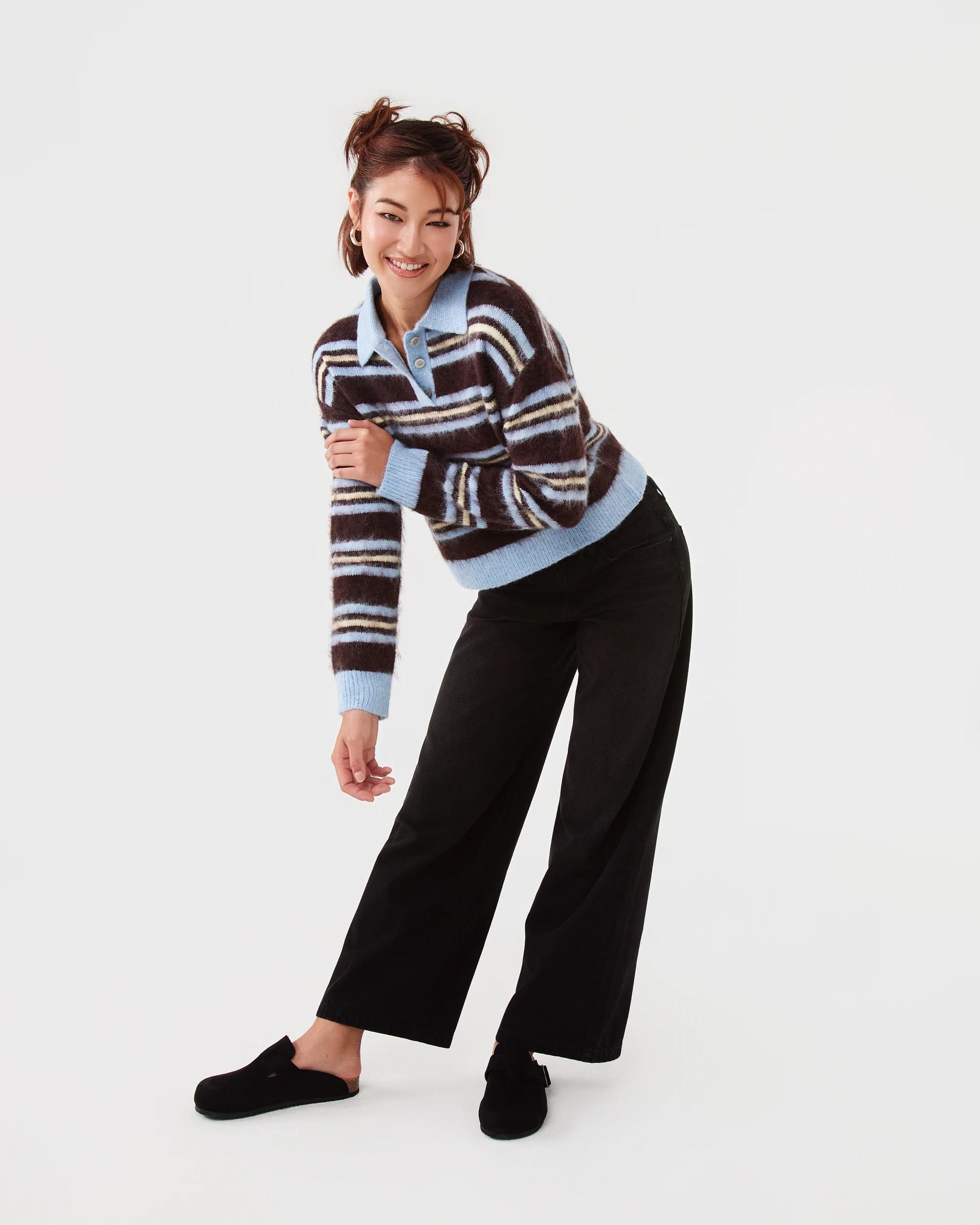 2 Long Sleeve Fluffy Polo Jumper Blu Stripe, 2 of 8