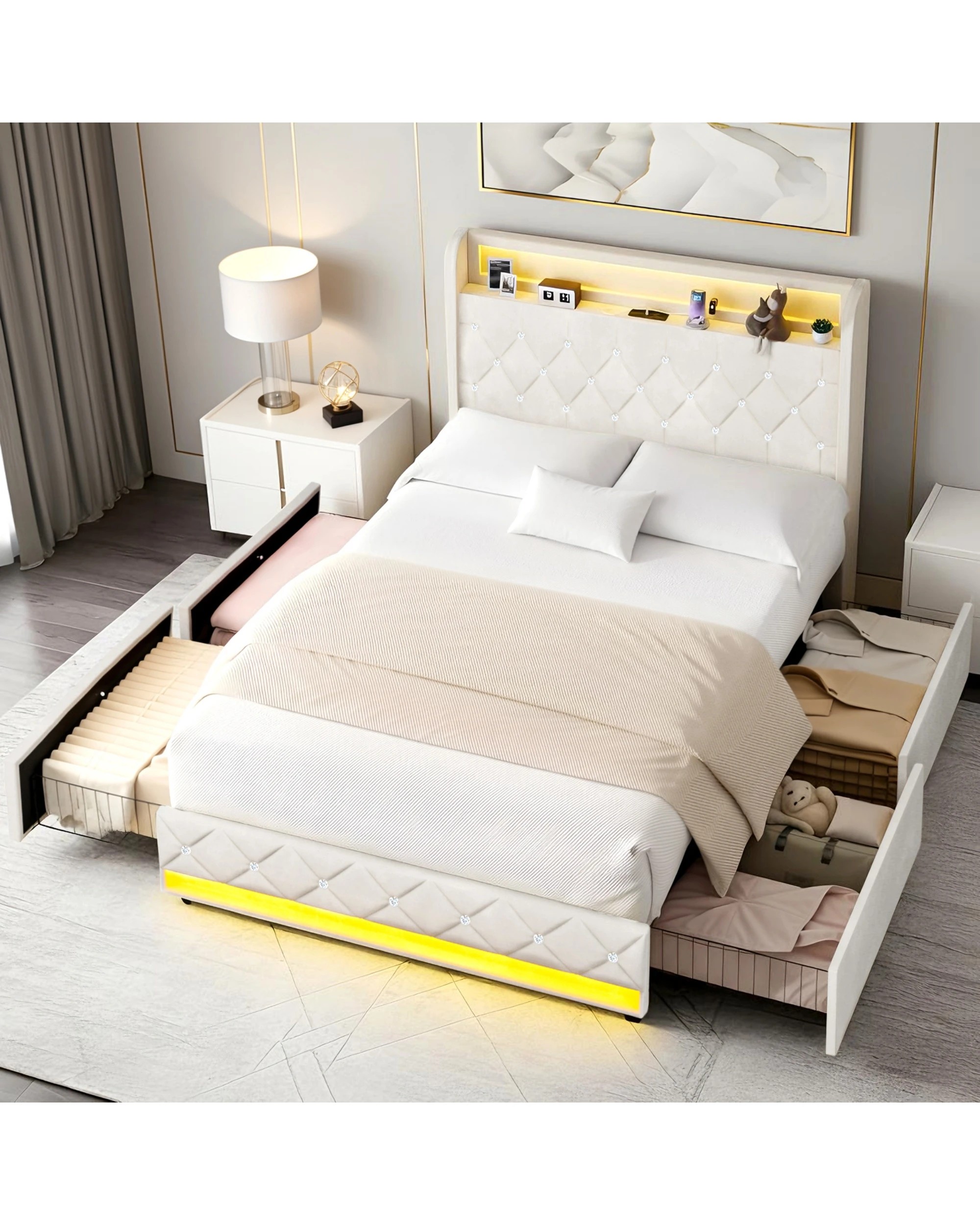 7 Advwin Double LED Bed Frame with Velvet Upholstered Headboard & Charging Station - Beige, 7 of 7