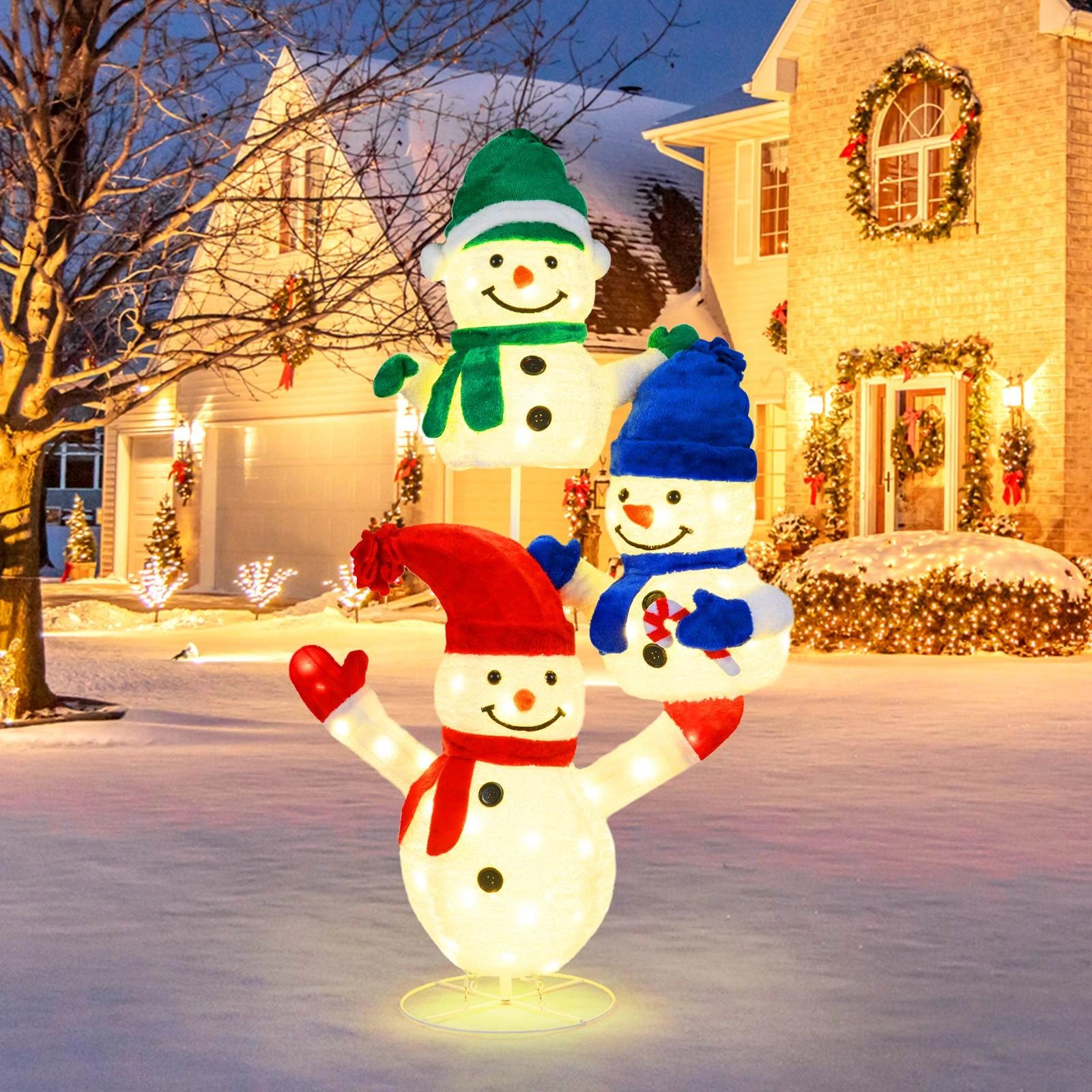 3 Costway 1.5M 3x Lighted Snowman Stacked Christmas Snowmen LED Pre-lit Xmas Decoration Gift, 3 of 3