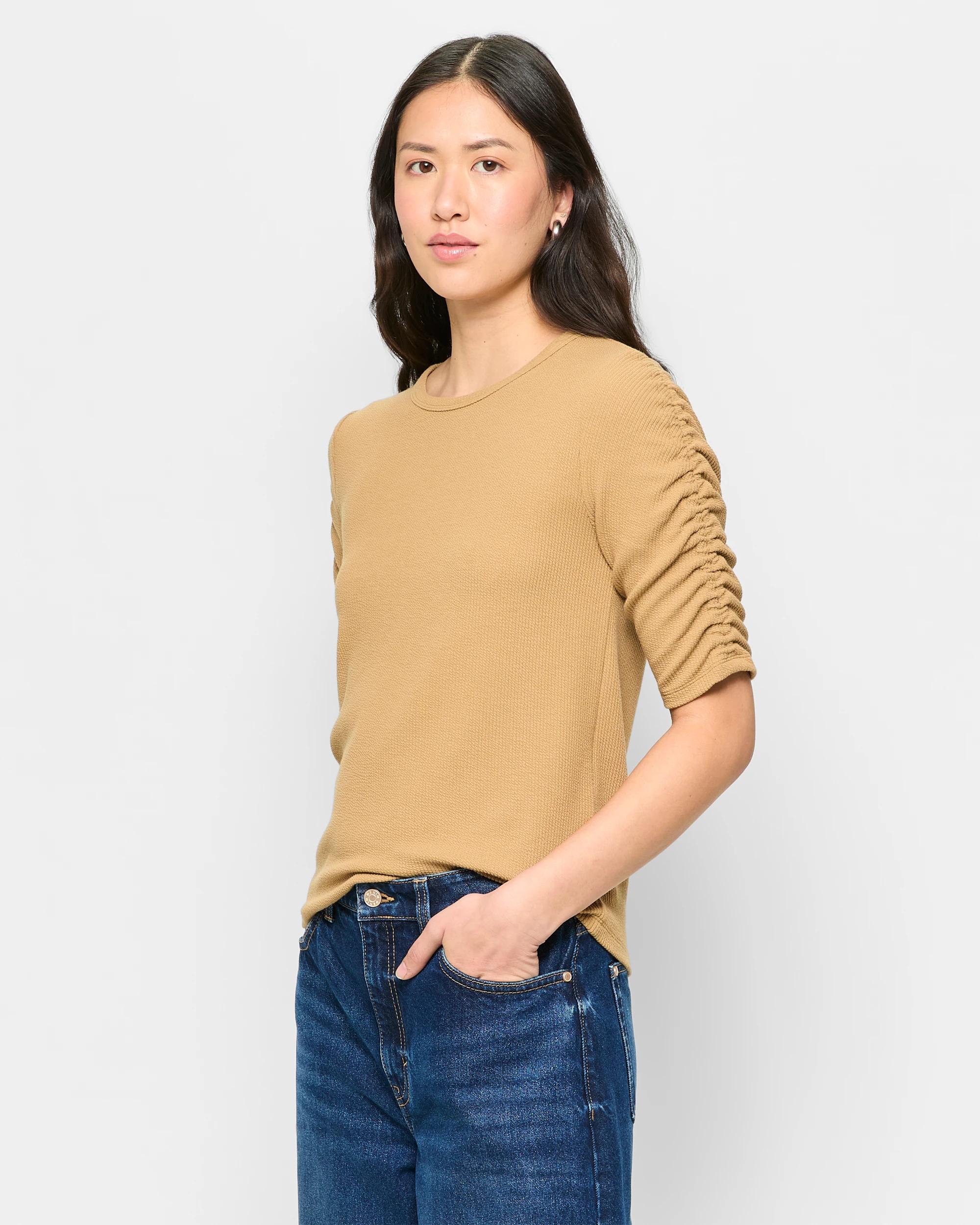 3 Target Ruched Sleeve Textured Top TEAKWOOD, 3 of 5