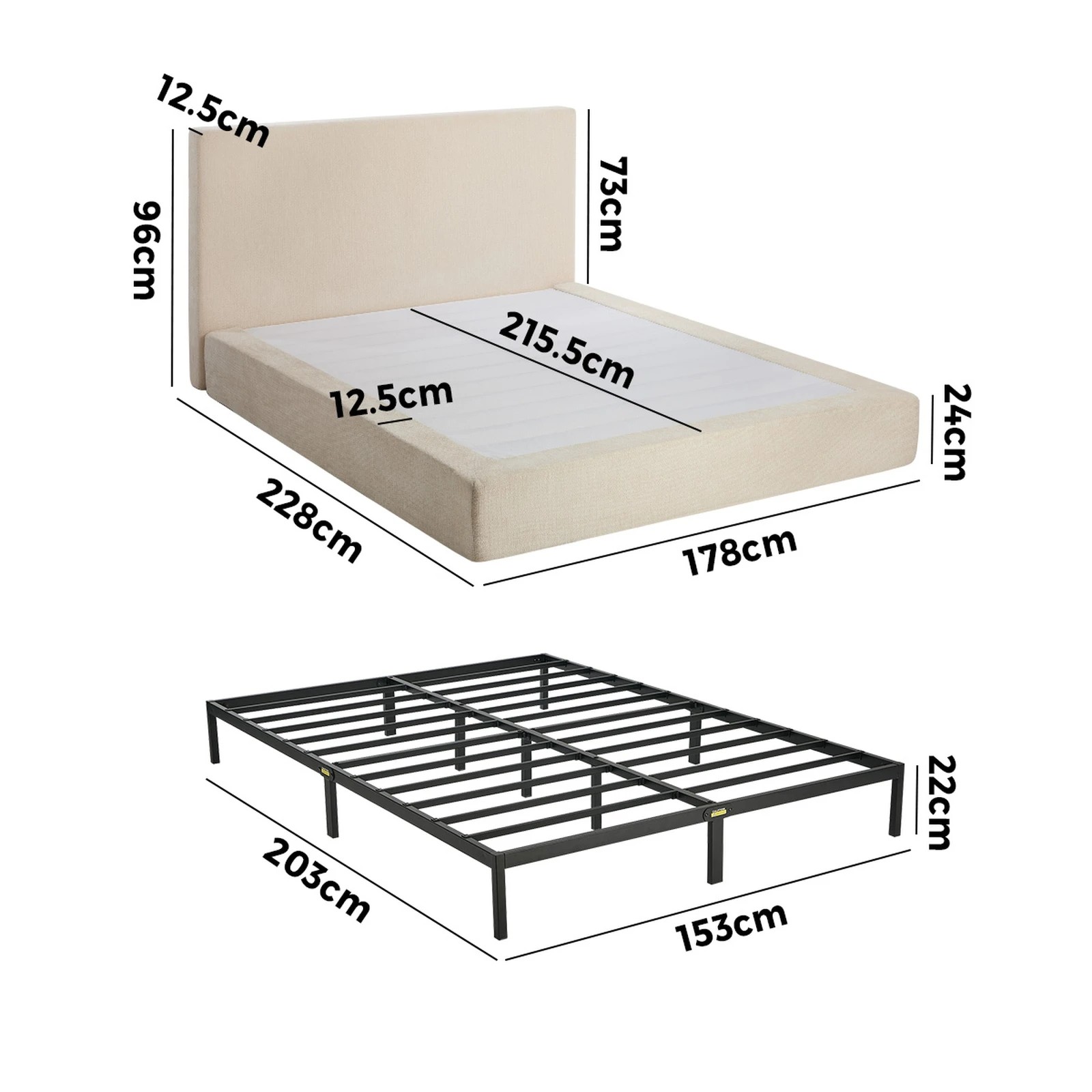 2 Oikiture Queen Semi Compressed Upholstered Fabric Bed Frame Internal Metal Base Chenille - Beige, 2 of 10