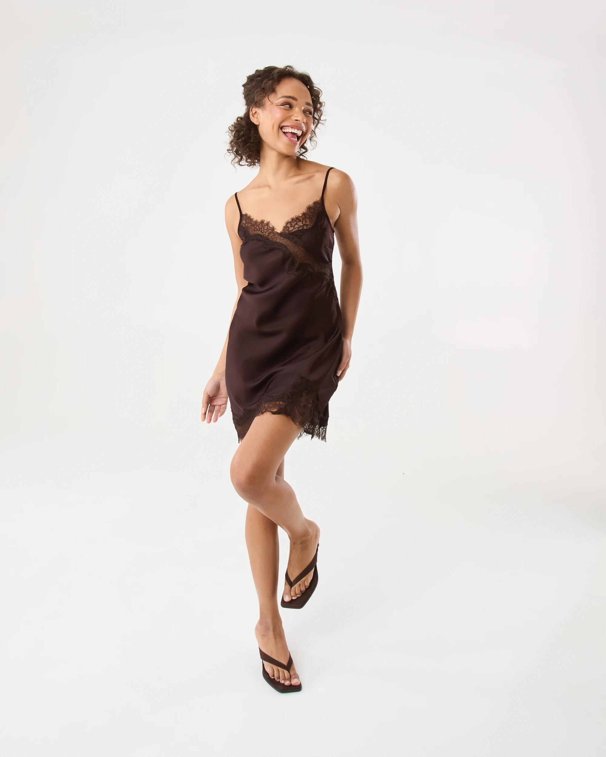 2 Sleeveless Satin Lace Mini Dress Choc Plum, 2 of 7