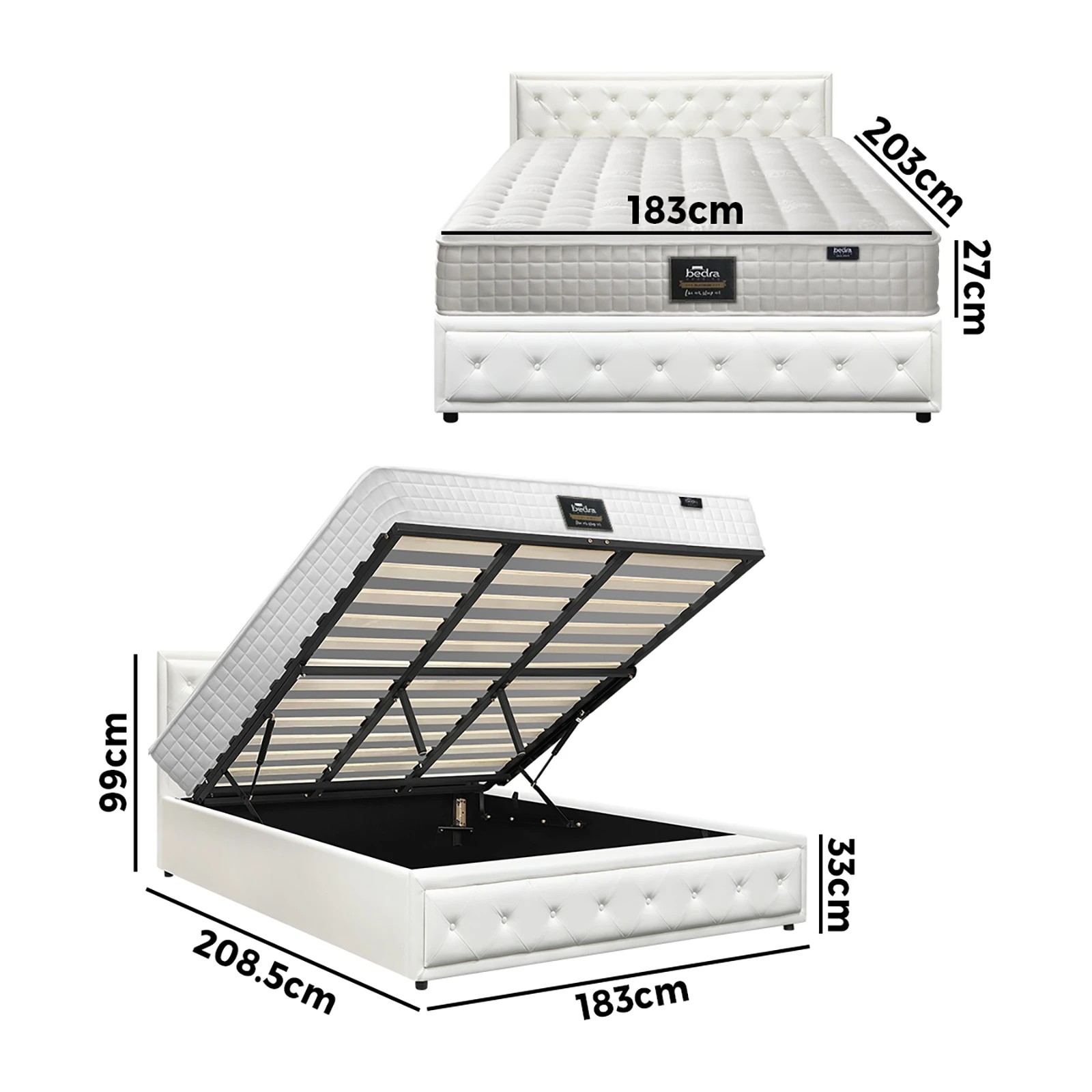 2 Oikiture Bed Frame King Size Gas Lift Storage Mattress Base Leather - White, 2 of 8