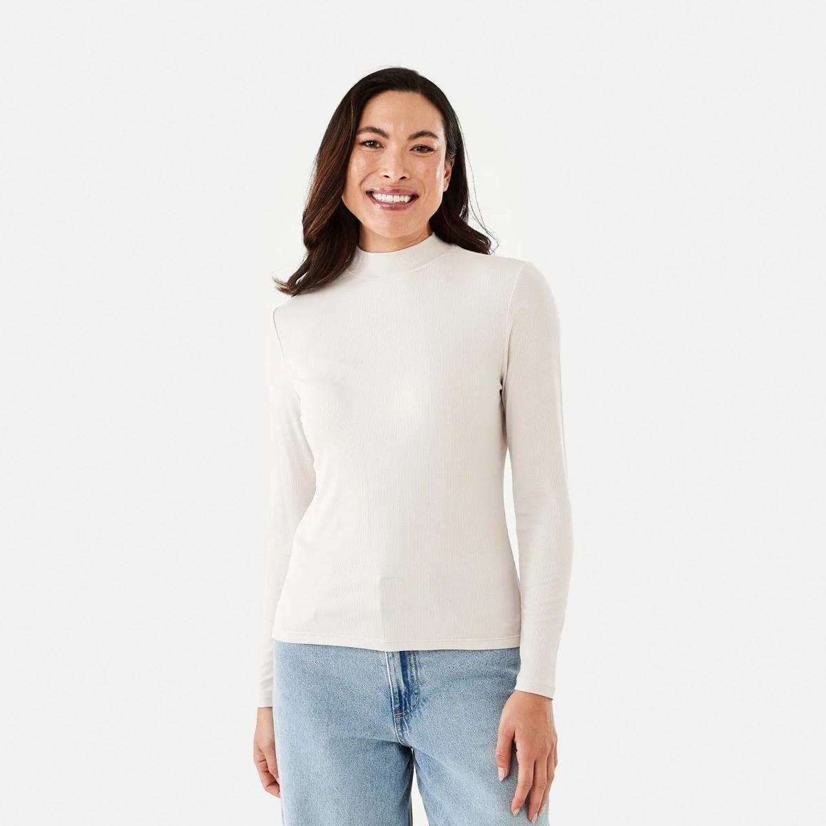 1 Long Sleeve Rib Mock Neck Top Nat Beige, 1 of 5