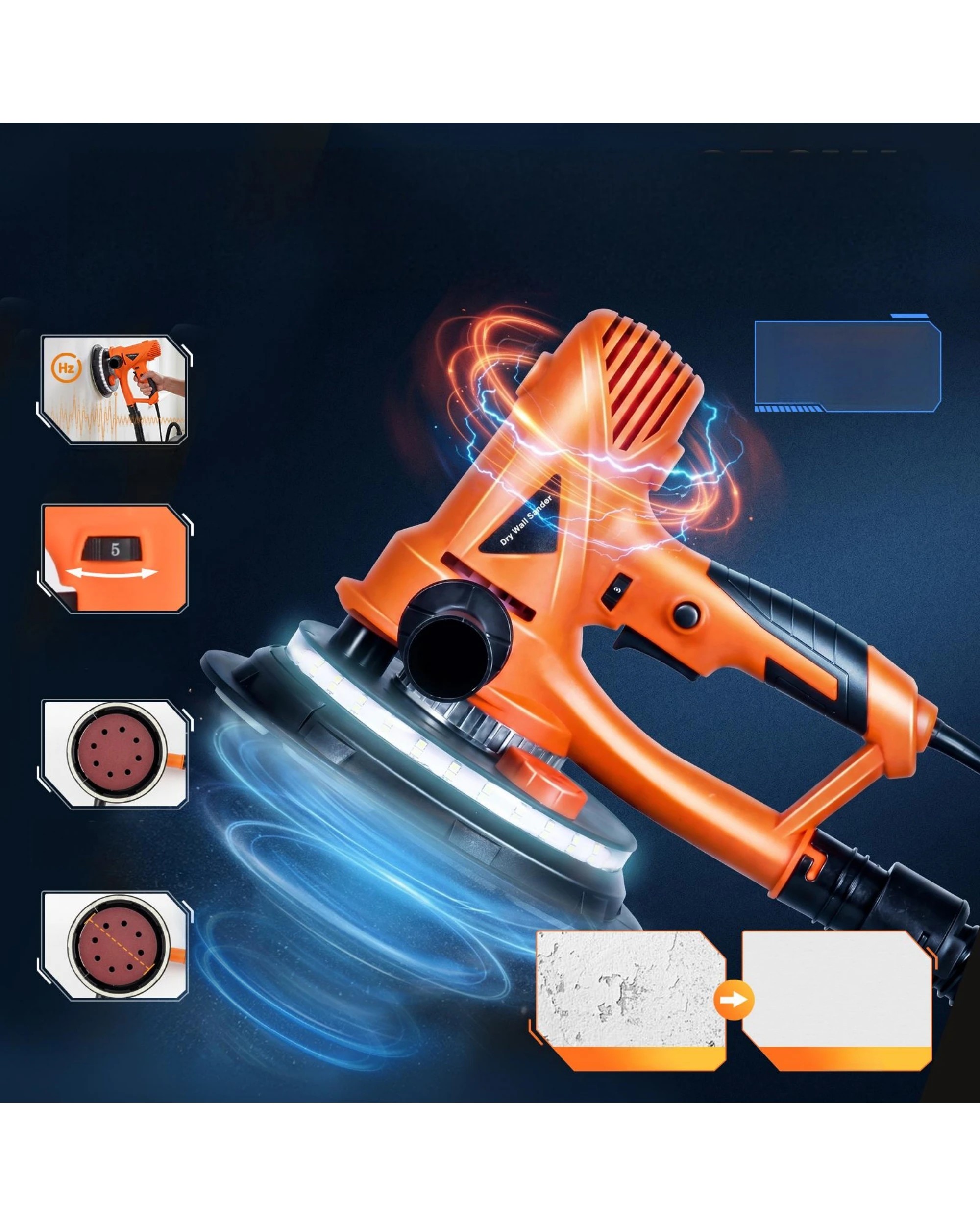 3 Advwin Handheld Drywall Sander 950W 1200-2500RPM
 12 Sanding Discs 5 Level Speed - Orange, 3 of 9