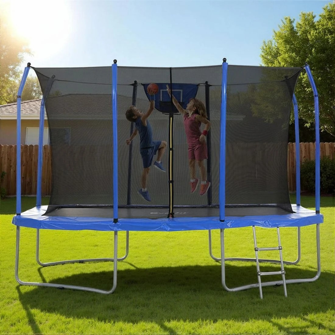 5 Everfit 12FT Trampoline Kids Rectangle Rebounder with Basketball Set Safety Net - Blue, 5 of 8