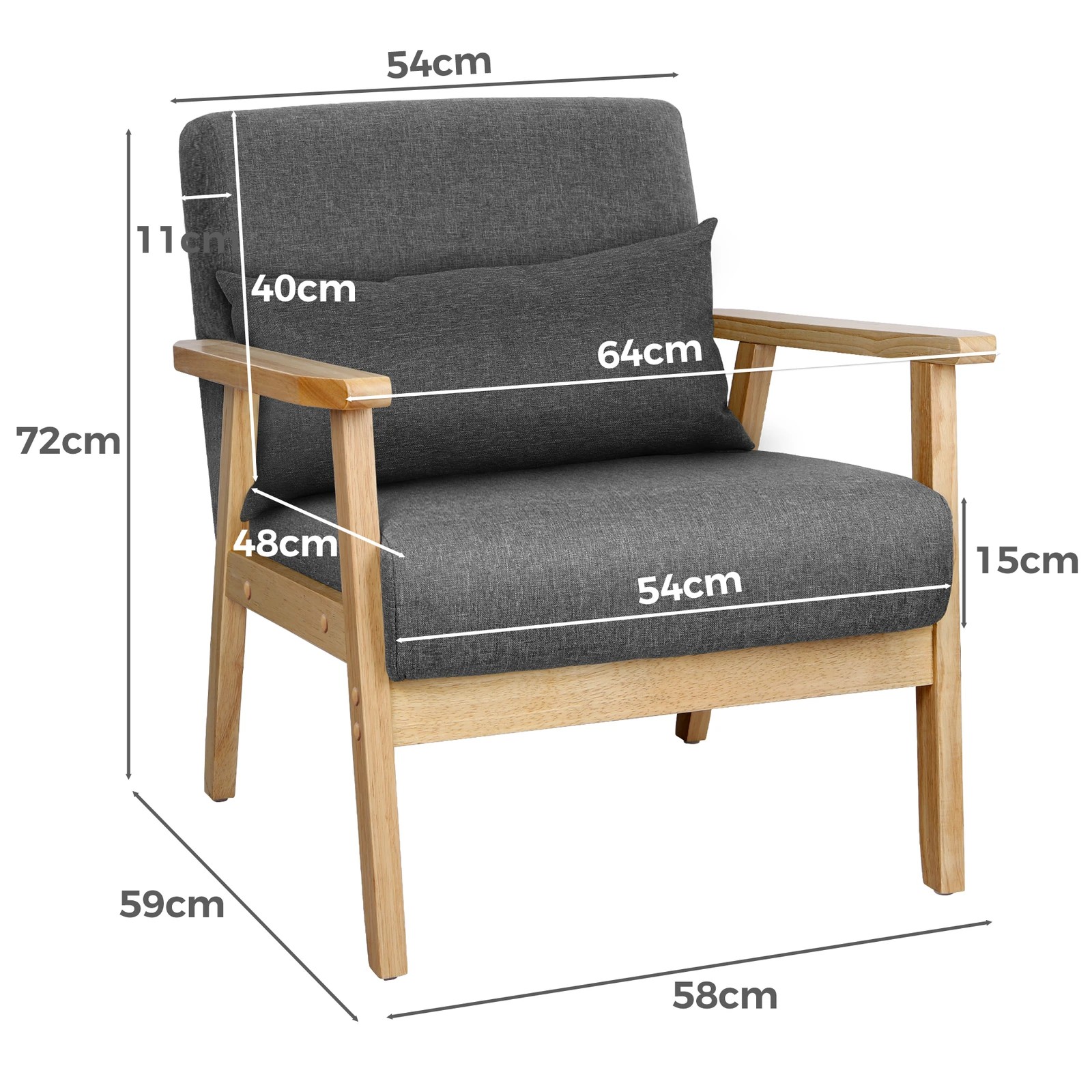 6 Alfordson Armchair Lounge Chair Accent Chair Cushion Sofa Couch Fabric - Dark Grey, 6 of 9