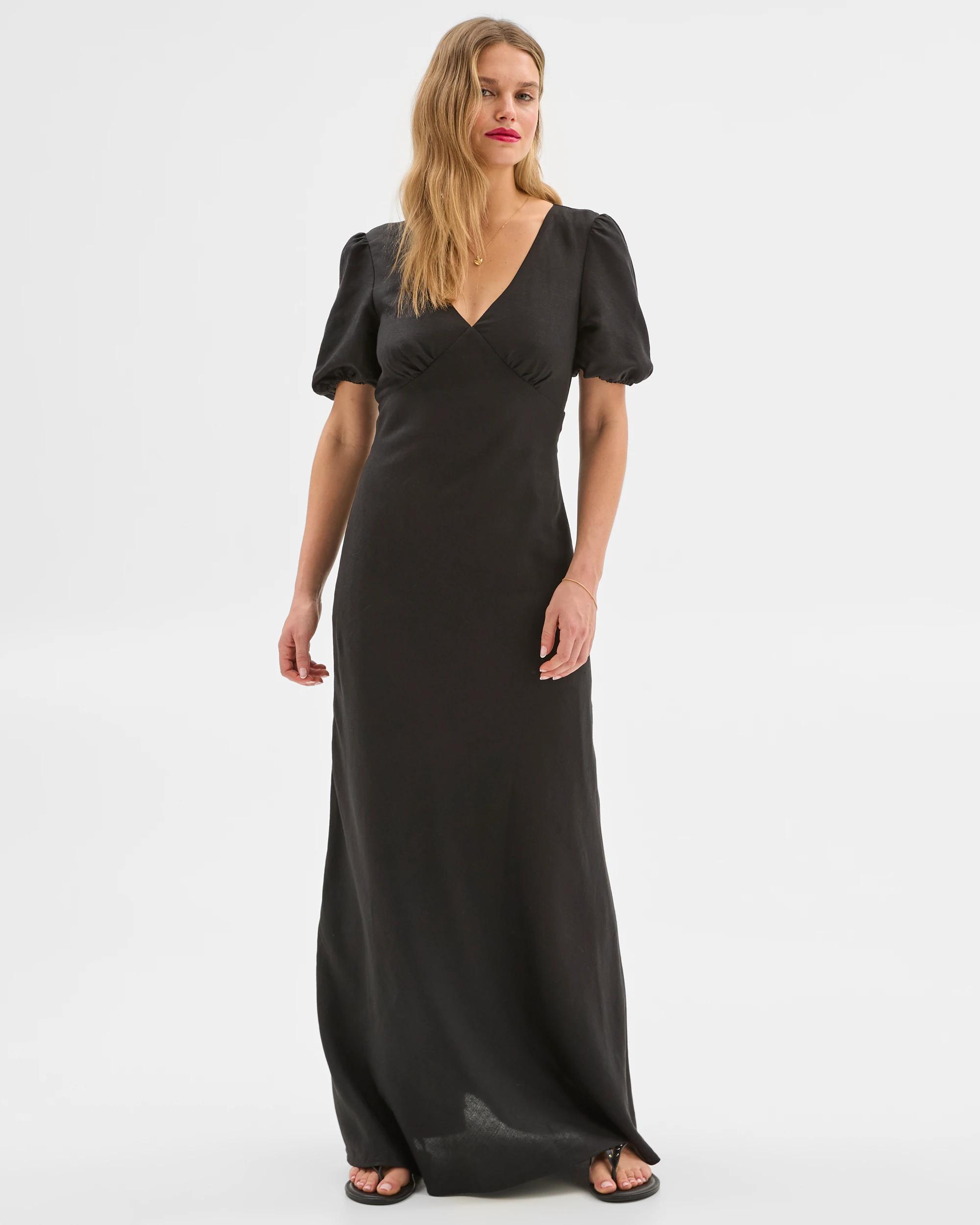 2 European Linen Blend Puff Sleeve Maxi Dress - Lily Loves BLACK, 2 of 6