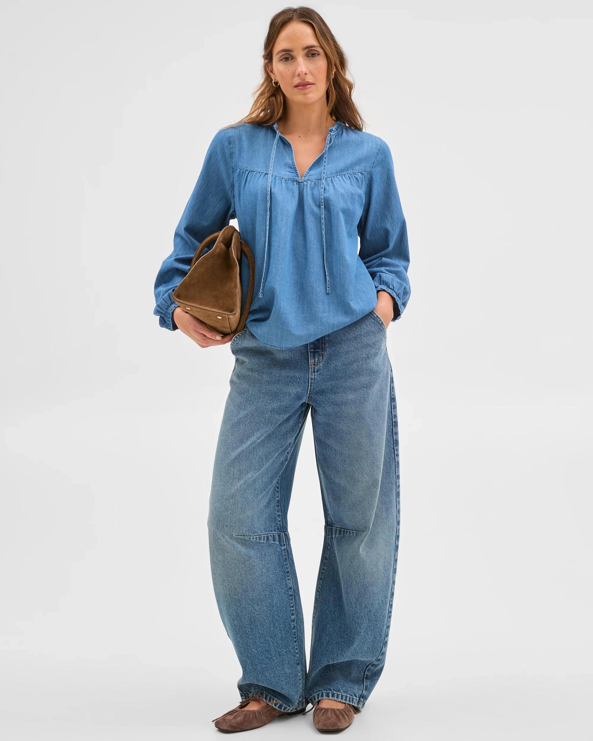1 Target Woman Long Sleeve Chambray Frill Blouse MID CHAMBRAY, 1 of 7