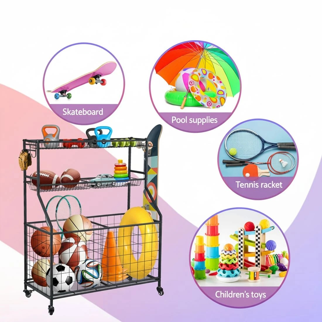 4 Everfit Sports Equipment Organizer Storage with Wheels Multi-Sport Garage Gym - Black, 4 of 6