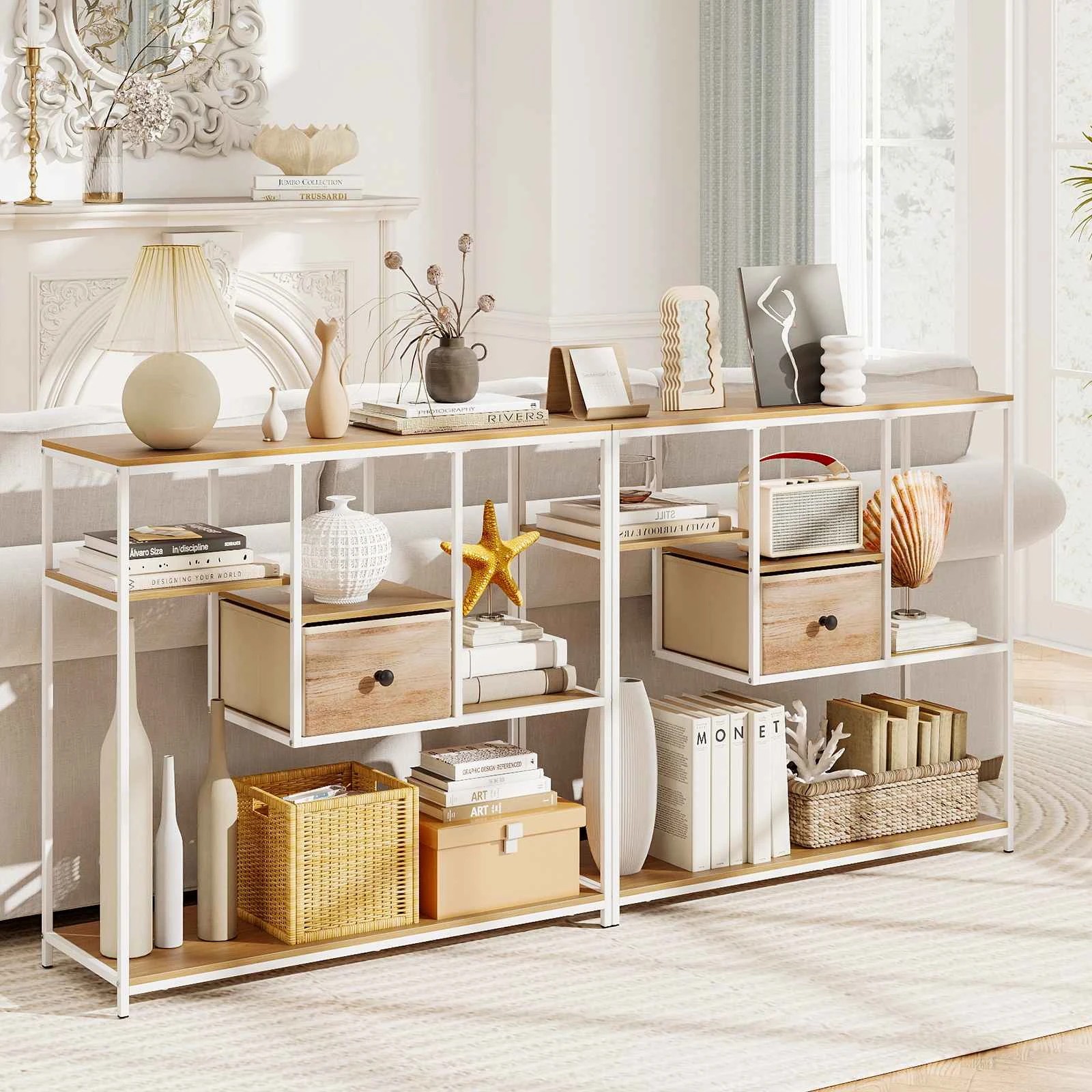 4 Costway 100cm Console Table Bookshelf 4-Tier Shoe Rack w/Drawer - Natural, 4 of 6